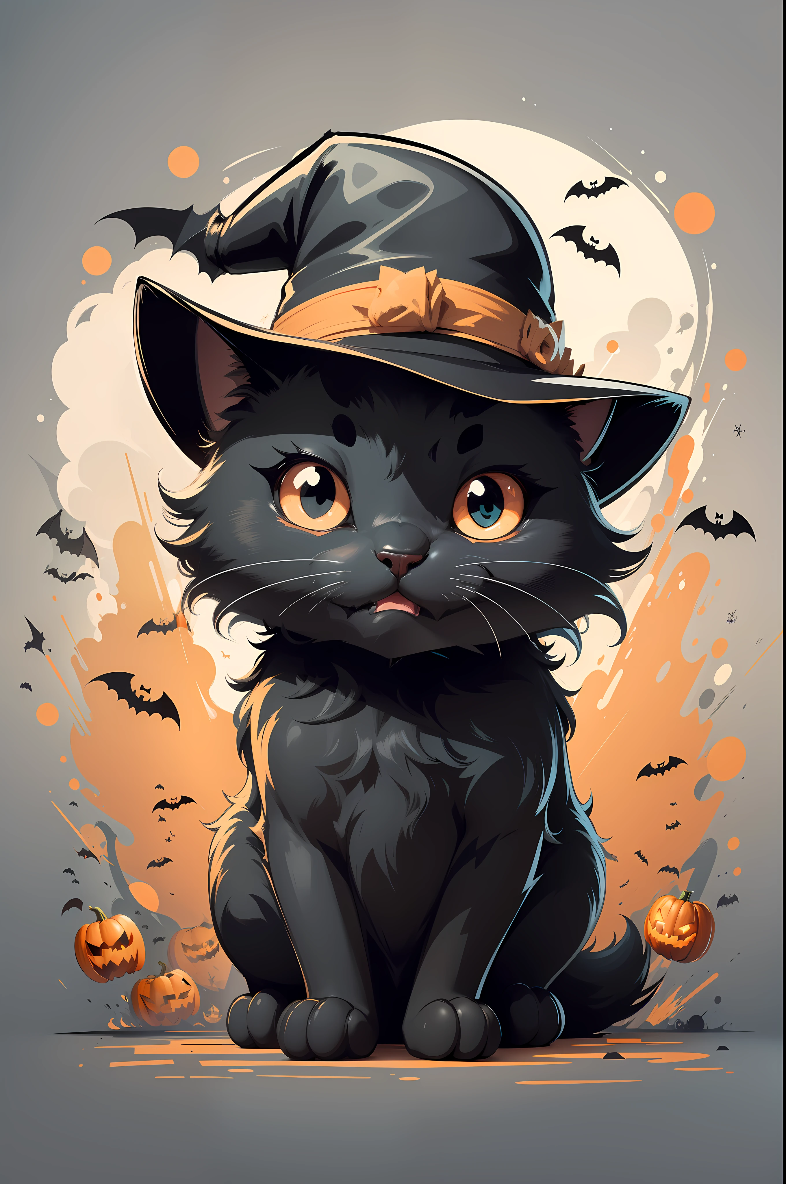 2d in outlines vector, Cute black cat with unsettling wide grins, Halloween hat, bats flying around, outlined, white background, cartoon, flatten illustration, just outlines, less details, modern cartoon style, vector graphic