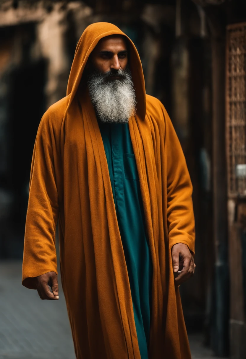 A mysteious man in a robe and hoodie covering his face with long beard and hair. Walking in Tehran. Water colo