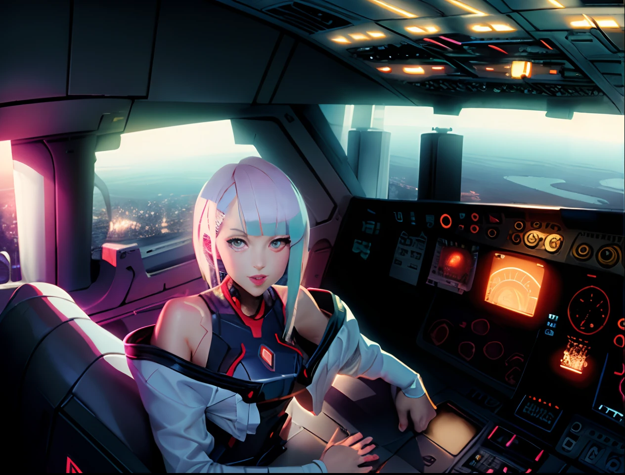 Lucy \(cyberpunk\), solo, 1girl, asymmetrical hair, belt, bodysuit, covered navel, highlighted sleeves, open jacket, in the airplane cabin with the city in the background, (two buildings in the background: 1.2), pilot girl, in the cabin, macross style , cute pilot girl, macross, in the cockpit of a spaceship, in an anime masterpiece, art deco surpasses anime aesthetics, 2b, 2 b