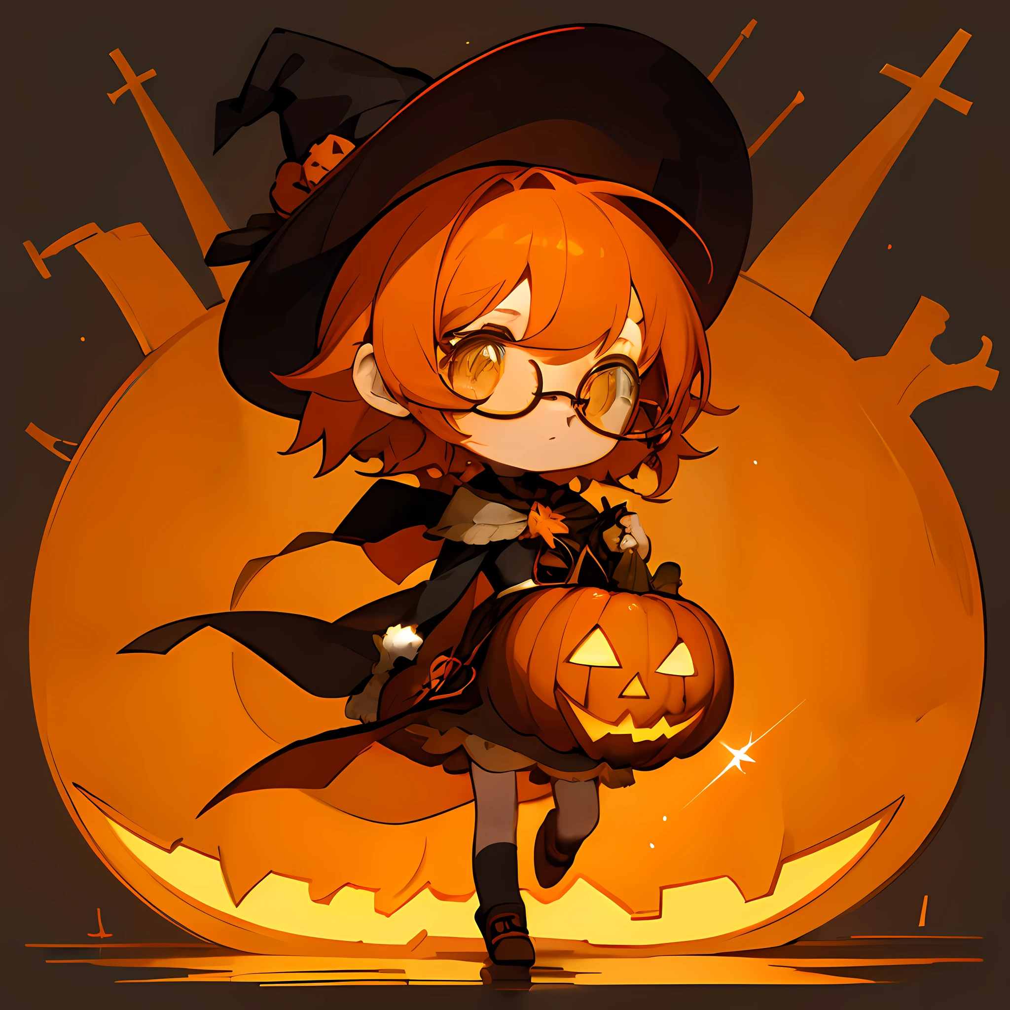 top-quality,Best Quality,Original Characters,Beautiful and detailed eyes,Chibi Chara,round big eyes,(Round small glasses),Eye color is the color of the sea,wearing hat,(Orange hair color),Halloween,Large pumpkin on the background,