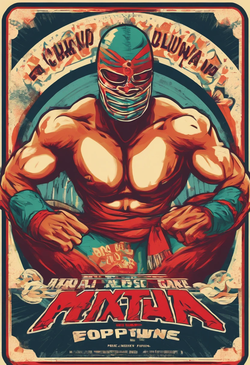 Mexican Character, an eye-catching representation of a Mexican character in the style of vintage Lucha Libre wrestling posters, featuring bold typography, exaggerated features, and a dynamic composition, reminiscent of the iconic Mexican wrestling culture