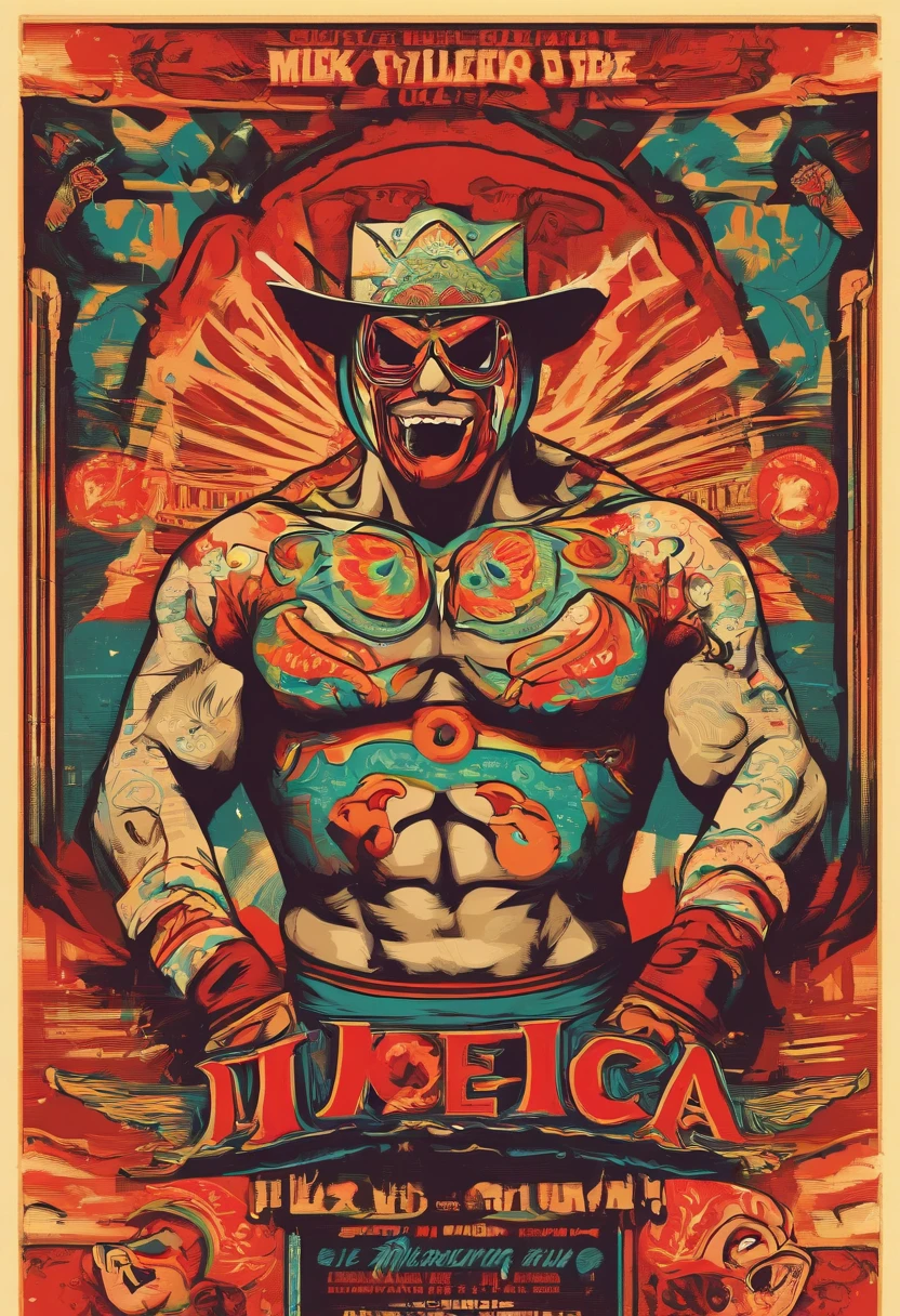 Mexican Character, an eye-catching representation of a Mexican character in the style of vintage Lucha Libre wrestling posters, featuring bold typography, exaggerated features, and a dynamic composition, reminiscent of the iconic Mexican wrestling culture