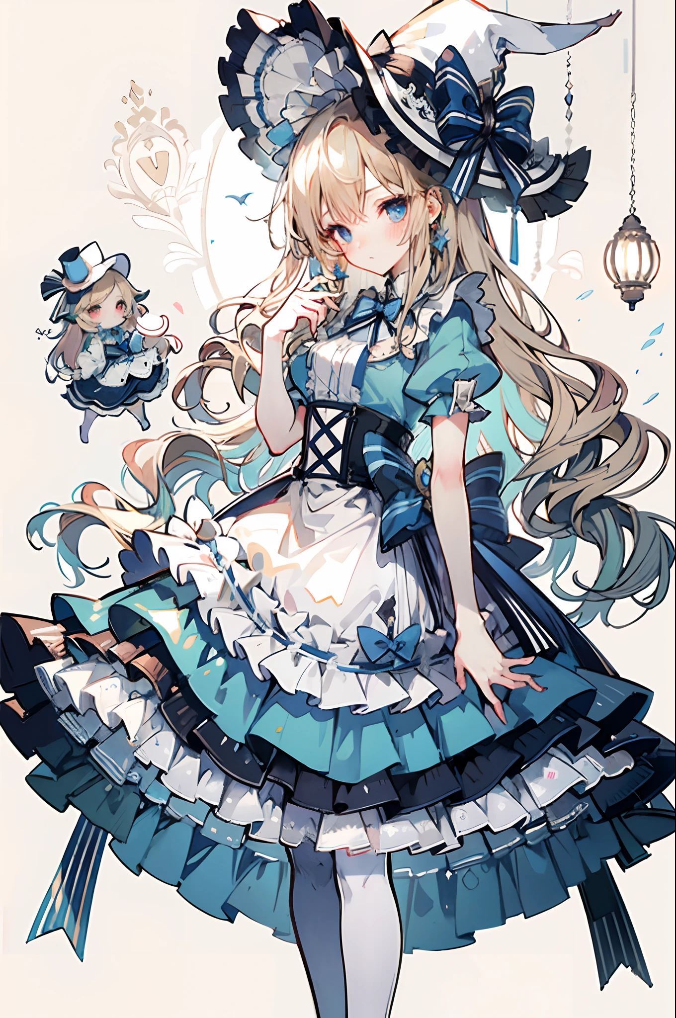 HDR,UHD,8K, best quality, masterpiece, Highly detailed, Studio lighting, physically-based rendering, 1girl, solo,
BJD doll, blush, alice in wonderland, hat, blue dress, high socks,