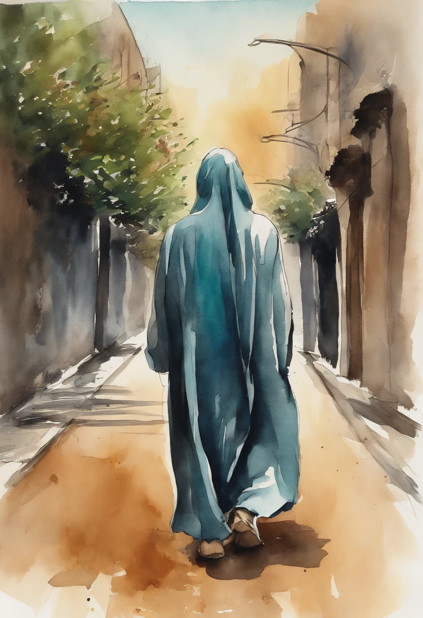 A mysteious man in a robe and hoodie covering his face with long beard and hair. Walking in Tehran in watercolor and ink drawing sketch