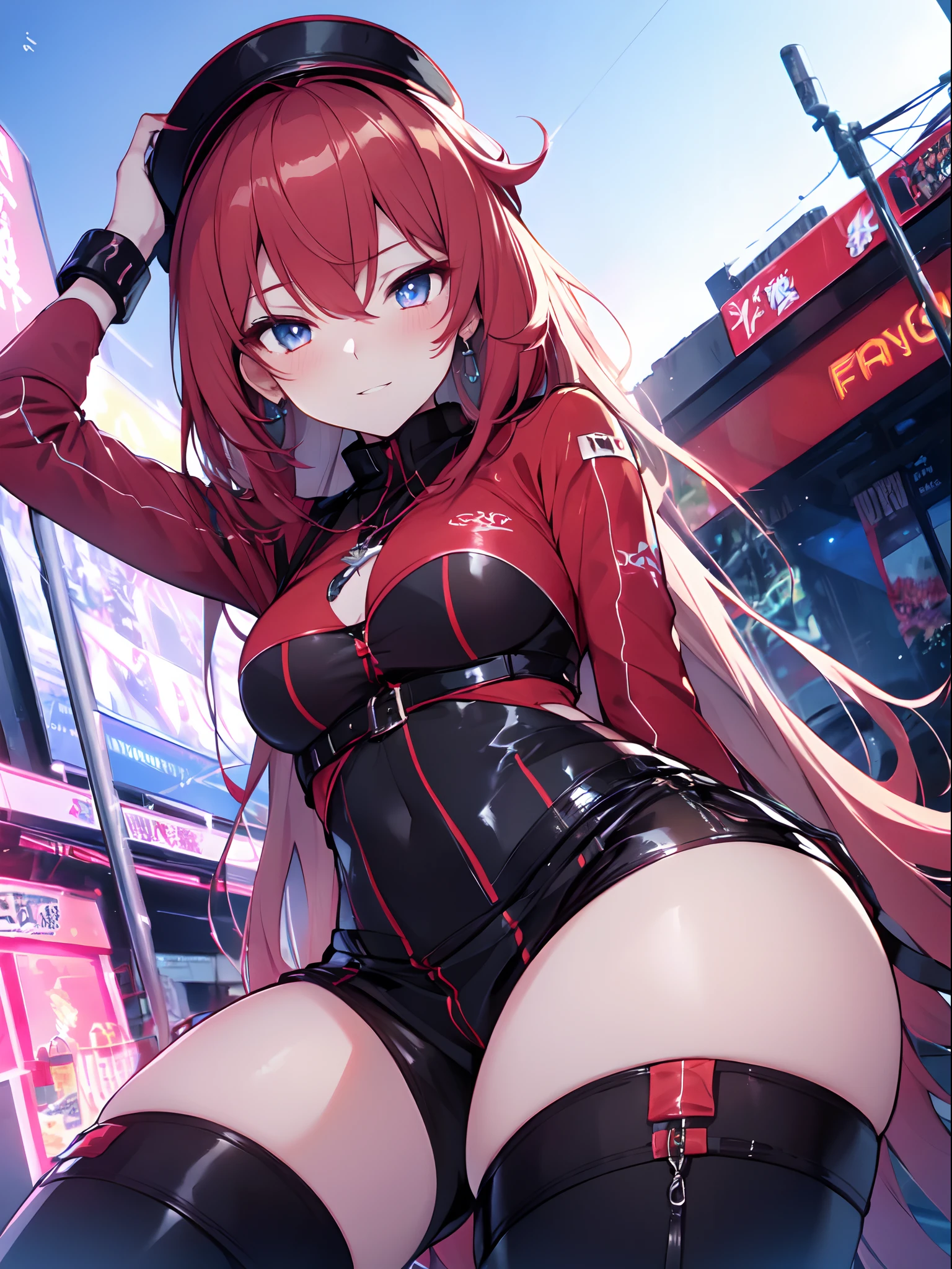 ((masterpiece)), ((Best Quality)), anime style, 1girl, solo, The most detailed skin, Translation: See-through blousing top, leather tight shorts, thigh-high boots, oversized heart-shaped pendant, set of bangles, goggle-like sunglasses placed above the head, //, Stunned expression, Girl with troubled face, Ecstasy, (sexual expression), smile, blush, Red face, //, large breasts, voluptuous body, //, Half-up hair, dark crimson hair color, (beautiful eyes), white-skinned, //, Urban street lined with high-rise buildings and neon signs, with people looking surprised or paying attention, (thick lines:1.2)