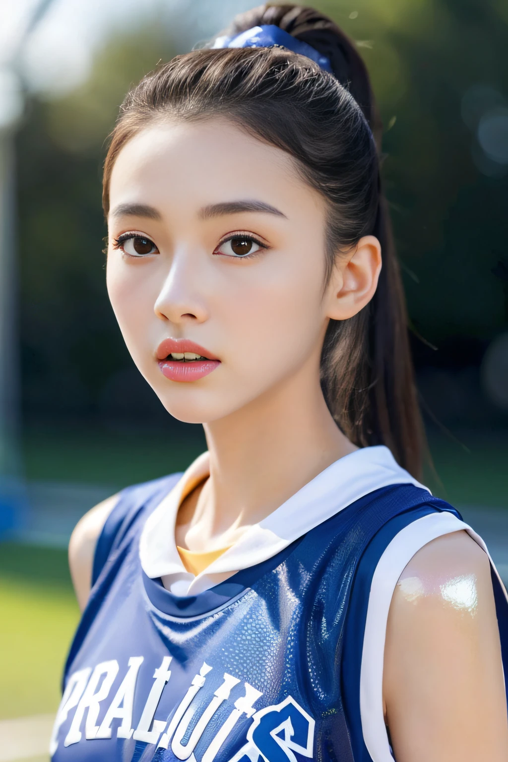 ( best qualtiy, tmasterpiece:1.2),hight resolution,in 8K,1(garl,独奏、Basketball player),japanes、20yr old、Beautiful woman、Delicate face,real looking skin,dynamic light and shadow,huge tit、foco nítido,depth of fields,Delicate black eyes,Realistic physical beauty, perspiring,Wearing a basketball uniform,(perfect bodies),Basketball games,realisticlying, ultra - detailed, (shiny skins, perspired:1.4), looking at viewert,