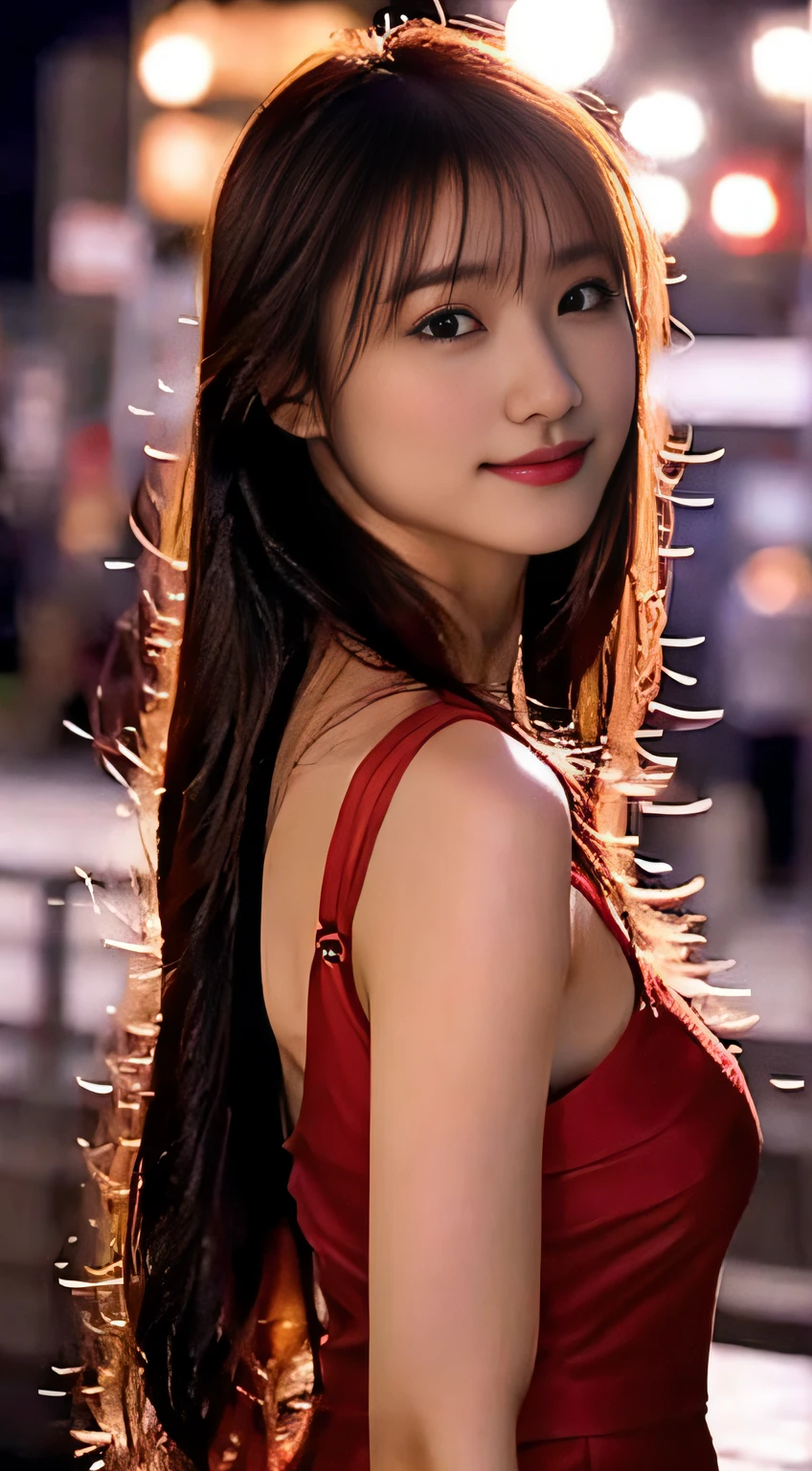top-quality。８K-Picture。Ultra-high pixel。The background is the city at night。girl with。hair is long and slightly wavy,,,,,,,,,,,,,,,,,,,,,,,,,,,,,,,,,,,,,,,,,,,,,,,,,,,,,,。The color is dark brown。Glamour style、((huge-breasted：1.8))。wearing red dress、Photos dancing brilliantly。Delicate finish overall。The body line is gorgeous。legs are long、Wear red high heels。((Hair shines like a reflection of the street。The eyeball reflects the surrounding landscape。The skin is wet with night dew))。Almost perfect woman。((time々In close-up of the upper body))。The second highlighted part々I want you to express it in close-ups。