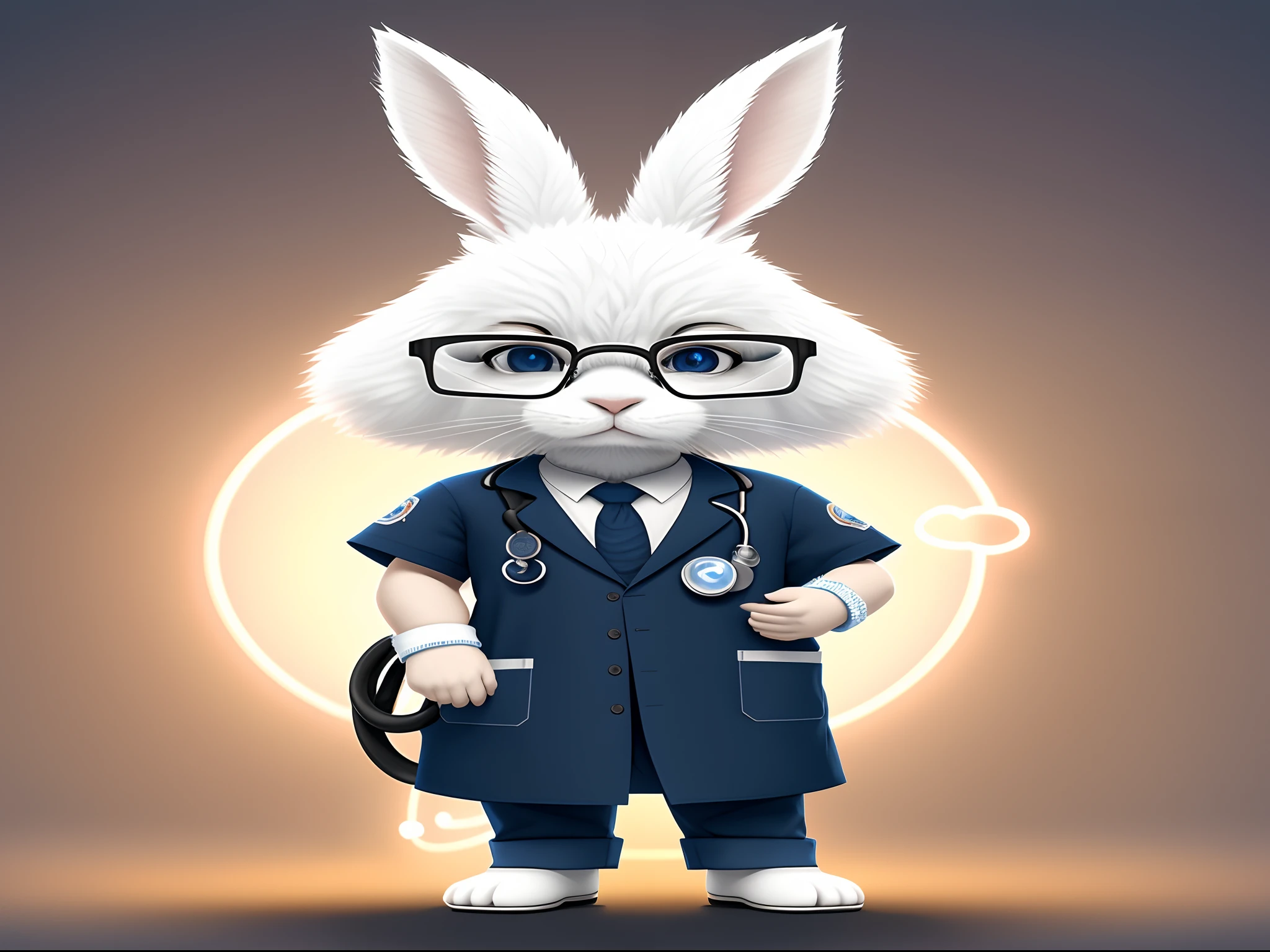 small rabbit with white fur and black eyes, wearing doctor blue scrubs, carrying a stethoscope, and putting on glasses, cartoon arts, dramatc anthropomorphic lighting 8k Very detailed