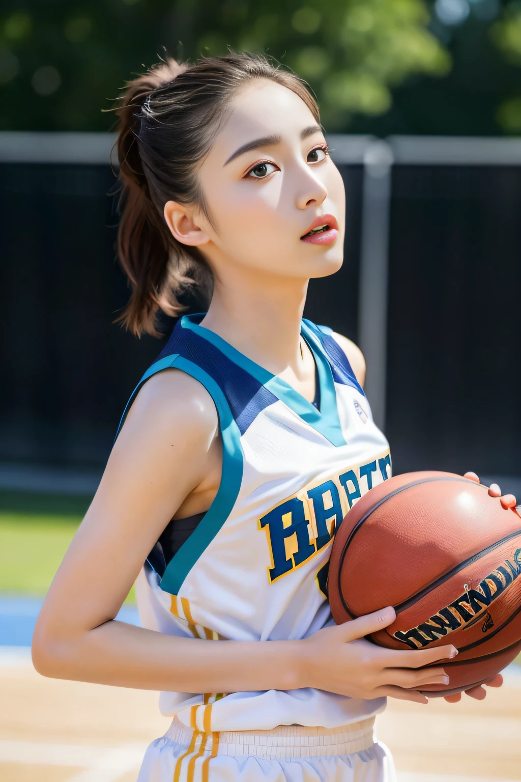 （ best qualtiy， tmasterpiece：1.2），hight resolution，in 8K,1(garl，独奏、Basketball player)，japanes、20yr old、Beautiful woman、Delicate face，real looking skin，dynamic light and shadow,huge tit、foco nítido,depth of fields,Delicate black eyes,Realistic physical beauty, perspiring，Wearing a basketball uniform，（perfect bodies），Basketball games，realisticlying, ultra - detailed, (shiny skins, perspired:1.4), looking at viewert,