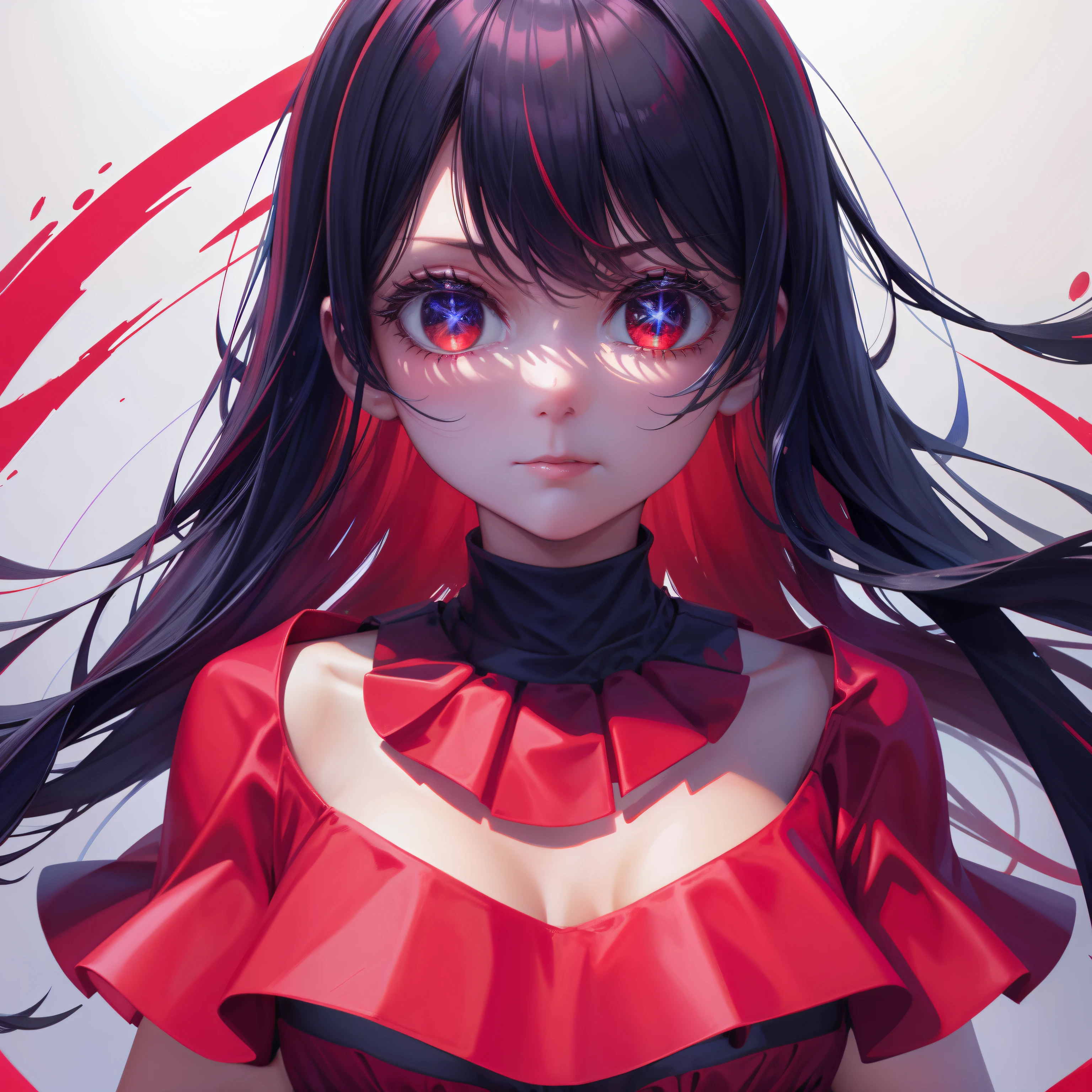 Close face to camera, upper body, red dress with sheer top collar