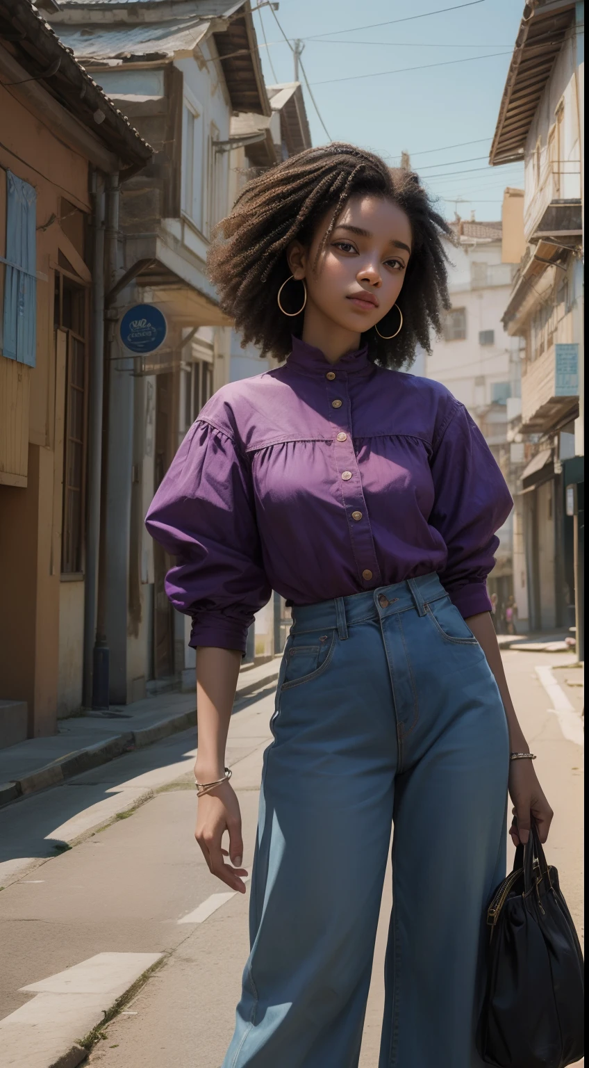 Fotografia de 1Garota de 18 anos afro-americana, cores de roupa violeta ,de saia e jaqueta jeans curta, fundo branco, Angle from top to bottom,8k ultra realista