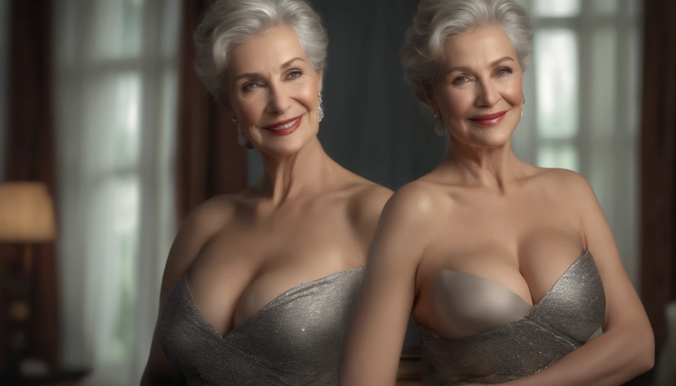 Silver-haired woman in evening dress, 1womanl, Solo, evening formal robes, Photorealistic, Realism, Realistic, Human (NSFW:1.5) (65 years old:1.5) (((smiling))) (Nipple Exposed:1.5) Wrinkles on the face))), (((masterepiece))), Solo, Super Fine Photo, full body picture Unreal Engine 5 8K UHD, Beautiful woman, curvaceous woman, Details of face, Unified 8K Wallpaper, Hyper Detailed, Sharp Focus,