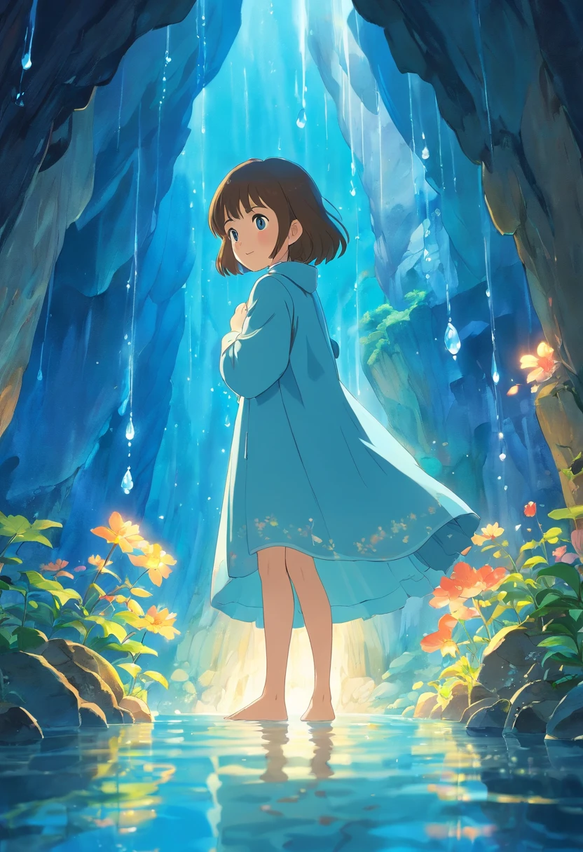 top-quality、ultra-detailliert、Masterpiece、Top image quality、8K、In the center of the cave, shining in deep blue、A young girl is standing。She is fascinated by the beauty of the cave、It has an elegant expression on her face。The walls of the cave are、Illuminated in blue by the water flowing from the fantastic spring、The brilliance of the spring is reflected on the surface of the water。The water droplets dripping from the spring、It's like countless sparkling stars.、Enveloping the entire cave in a magical glow。The girl is、Transparent, jewel-like water droplets are gently picked up by hand.、Water droplets shine beautifully on its hands。In the background、There is a cave wall that glows blue.、The inside of a fantastic cave with depth spreads out.。Beautifully depict this passionate and fantastic moment。