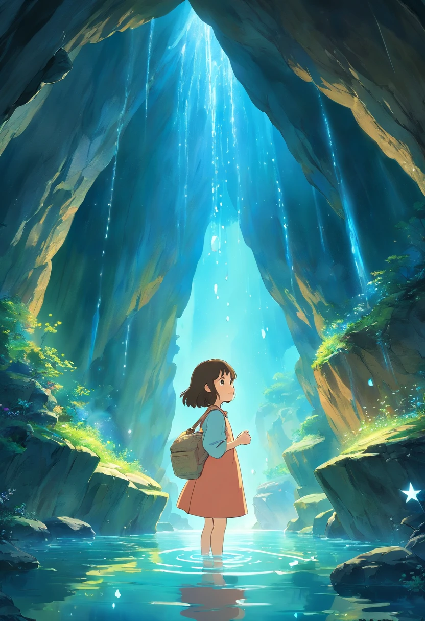 top-quality、ultra-detailliert、Masterpiece、Top image quality、8K、In the center of the cave, shining in deep blue、A young girl is standing。She is fascinated by the beauty of the cave、It has an elegant expression on her face。The walls of the cave are、Illuminated in blue by the water flowing from the fantastic spring、The brilliance of the spring is reflected on the surface of the water。The water droplets dripping from the spring、It's like countless sparkling stars.、Enveloping the entire cave in a magical glow。The girl is、Transparent, jewel-like water droplets are gently picked up by hand.、Water droplets shine beautifully on its hands。In the background、There is a cave wall that glows blue.、The inside of a fantastic cave with depth spreads out.。Beautifully depict this passionate and fantastic moment。