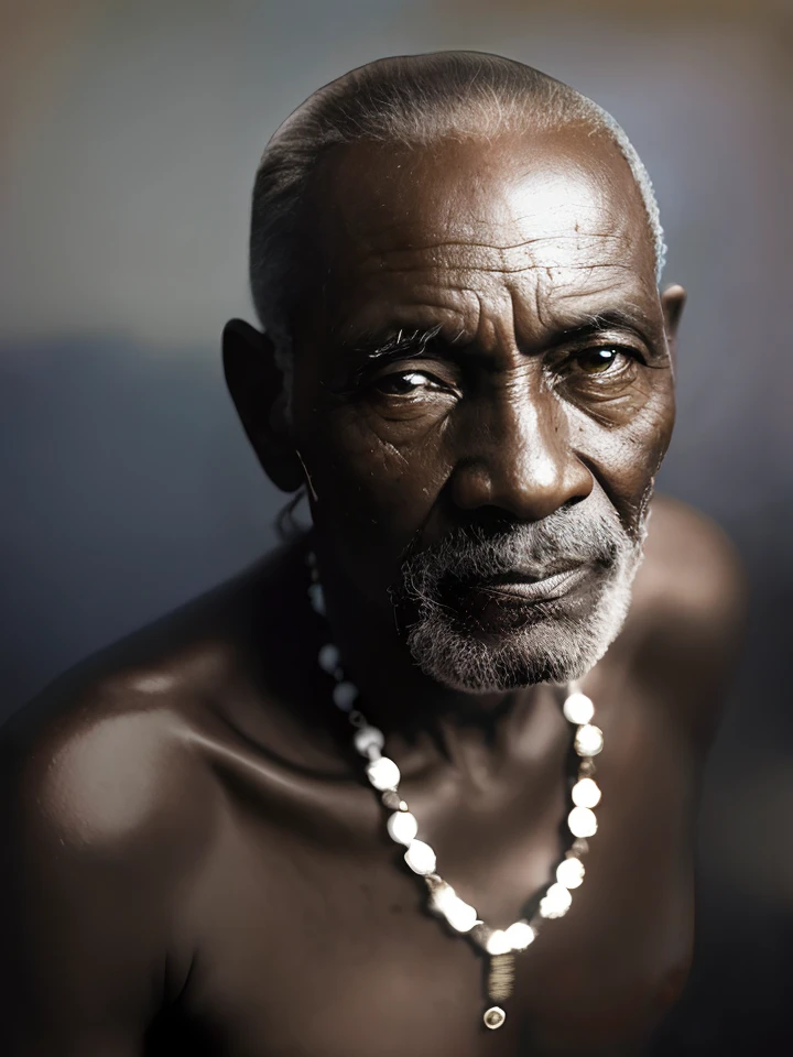 an old man with a beard and necklace around his neck, Homem africano, African facial features, anthropological photography, retrato impressionante, Directed by: Bela Nagy Abodi, Directed by: Lee Jeffries, pele desgastada, Retrato de um velho, Wise old man, Retrato de um velho, retrato ultra detalhado, great likeness, man is with black skin, um velho luz frontal suave, brilho, HDR, (cores suaves: 1.2) hiperealista,realista, Realismo, renderizado, Alto contraste, digital art photographyrealistic trend in Artstation 8k HD high definition detailed realistic,  detalhado, textura da pele, hiper detalhado, textura de pele realista, armadura, melhor qualidade, ultra high-resolution, (fotografiarrealista: 1.4), alta resolução, detalhado, Calado bruto, sharp re, por lee jeffries Nikon D850 Filme Fotografia de Stock 4 Kodak Portra 400 Lente F1.6 Rich Colors Realistic Texture Dramatic Texture Dramatic Lighting Irrealengine Trend on Artstation Cinestill 800