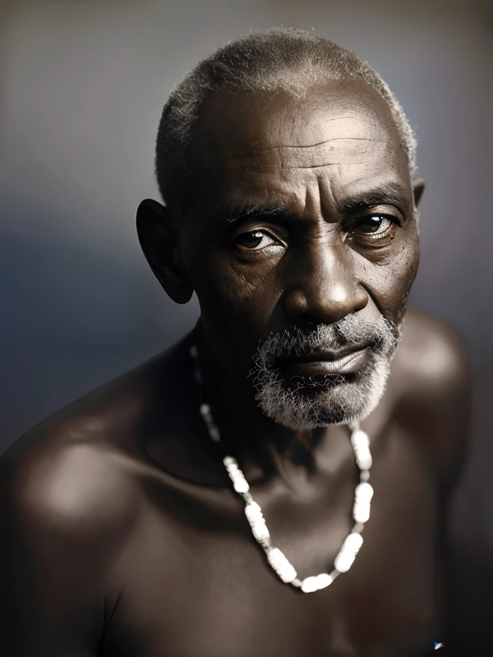 an old man with a beard and necklace around his neck, Homem africano, African facial features, anthropological photography, retrato impressionante, Directed by: Bela Nagy Abodi, Directed by: Lee Jeffries, pele desgastada, Retrato de um velho, Wise old man, Retrato de um velho, retrato ultra detalhado, great likeness, man is with black skin, um velho luz frontal suave, brilho, HDR, (cores suaves: 1.2) hiperealista,realista, Realismo, renderizado, Alto contraste, digital art photographyrealistic trend in Artstation 8k HD high definition detailed realistic, detalhado, textura da pele, hiper detalhado, textura de pele realista, armadura, melhor qualidade, ultra high-resolution, (fotografiarrealista: 1.4), alta resolução, detalhado, Calado bruto, sharp re, por lee jeffries Nikon D850 Filme Fotografia de Stock 4 Kodak Portra 400 Lente F1.6 Rich Colors Realistic Texture Dramatic Texture Dramatic Lighting Irrealengine Trend on Artstation Cinestill 800