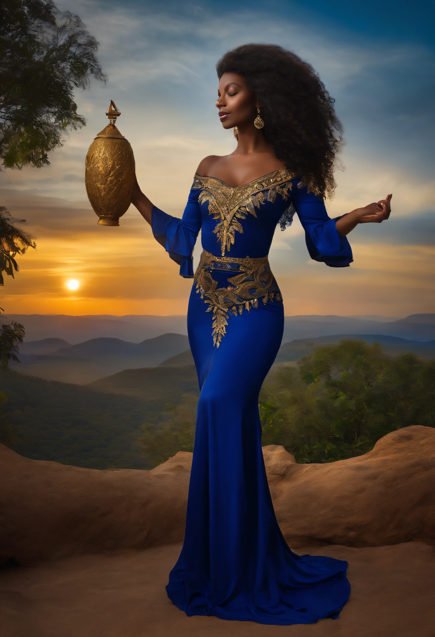 Oxum, deusa africana, do amor e da prosperidade, in flowing dark blue dress, linda e poderosa. Ao fundo um castelo dourado. Mystical myth style. poder e magia.