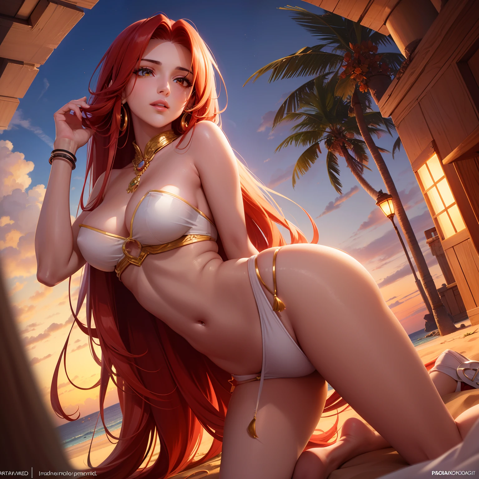 Cinematic soft lighting illuminates a stunningly detailed and ultra-anime handsome Middle-Eastern female supermodel, beach look, ultra long messy red hair, clear  light yellow eyes, captivating perfect smile, sensual, hot woman, insanely handsome. perfect tool to capture the softest details of this 16k photography masterpiece. Flame and lava, night