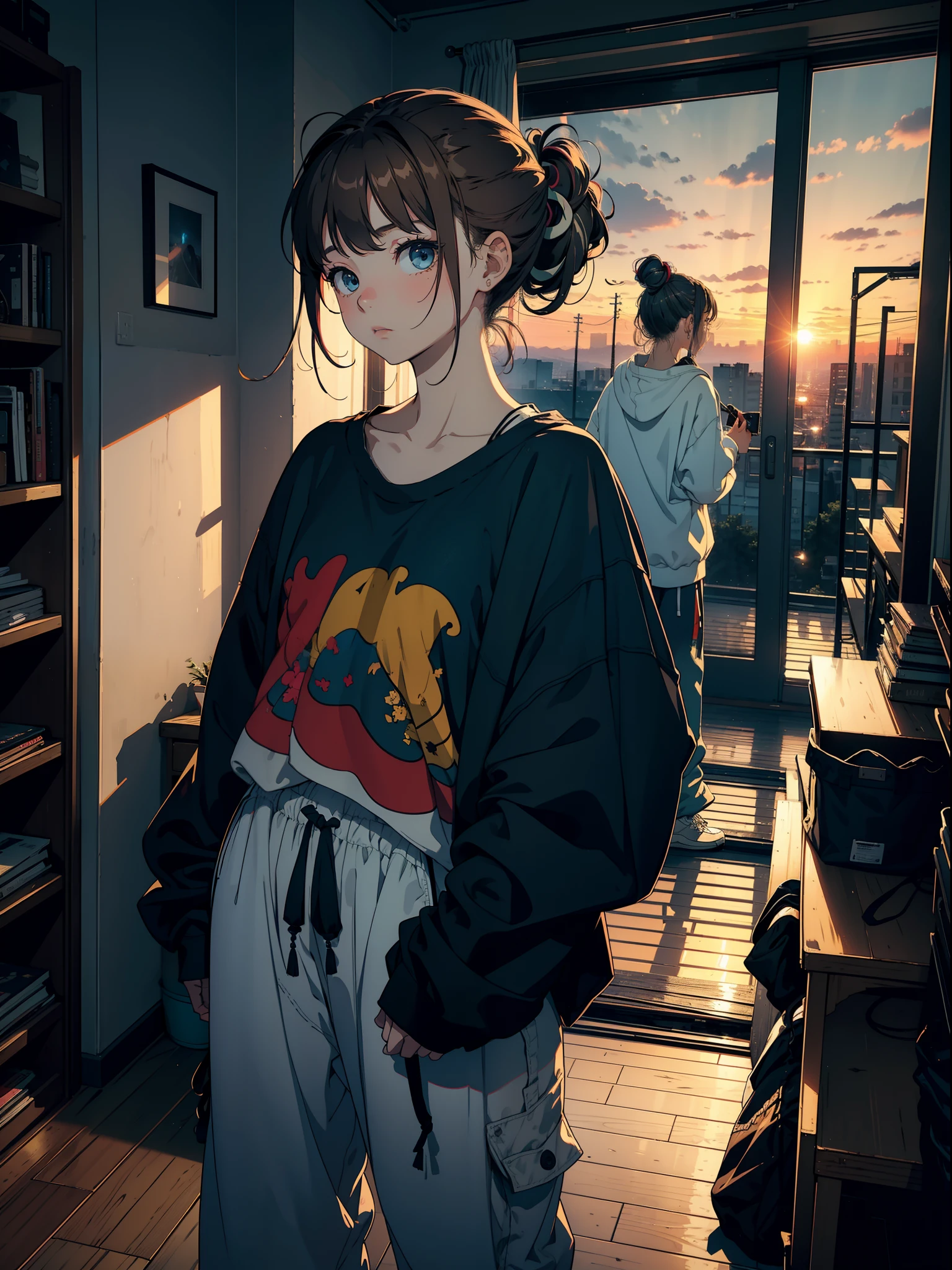 Masterpiece, high Quality, girl, hair tied up, hair with colorful highlights, big clothes, baggy clothes, comfortable clothes, indoors, night, sunset, dark room, distractedly fiddling with something,