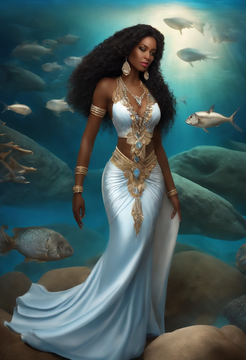 Yemanja, deusa africana, negra, Mother of the Waters, vestido azul claro e branco com adorno prateado, standingn, corpo inteiro. fundo como o fundo do mar com peixes, conchas e estrela do mar. estilo mito. mistic. poder e magia.