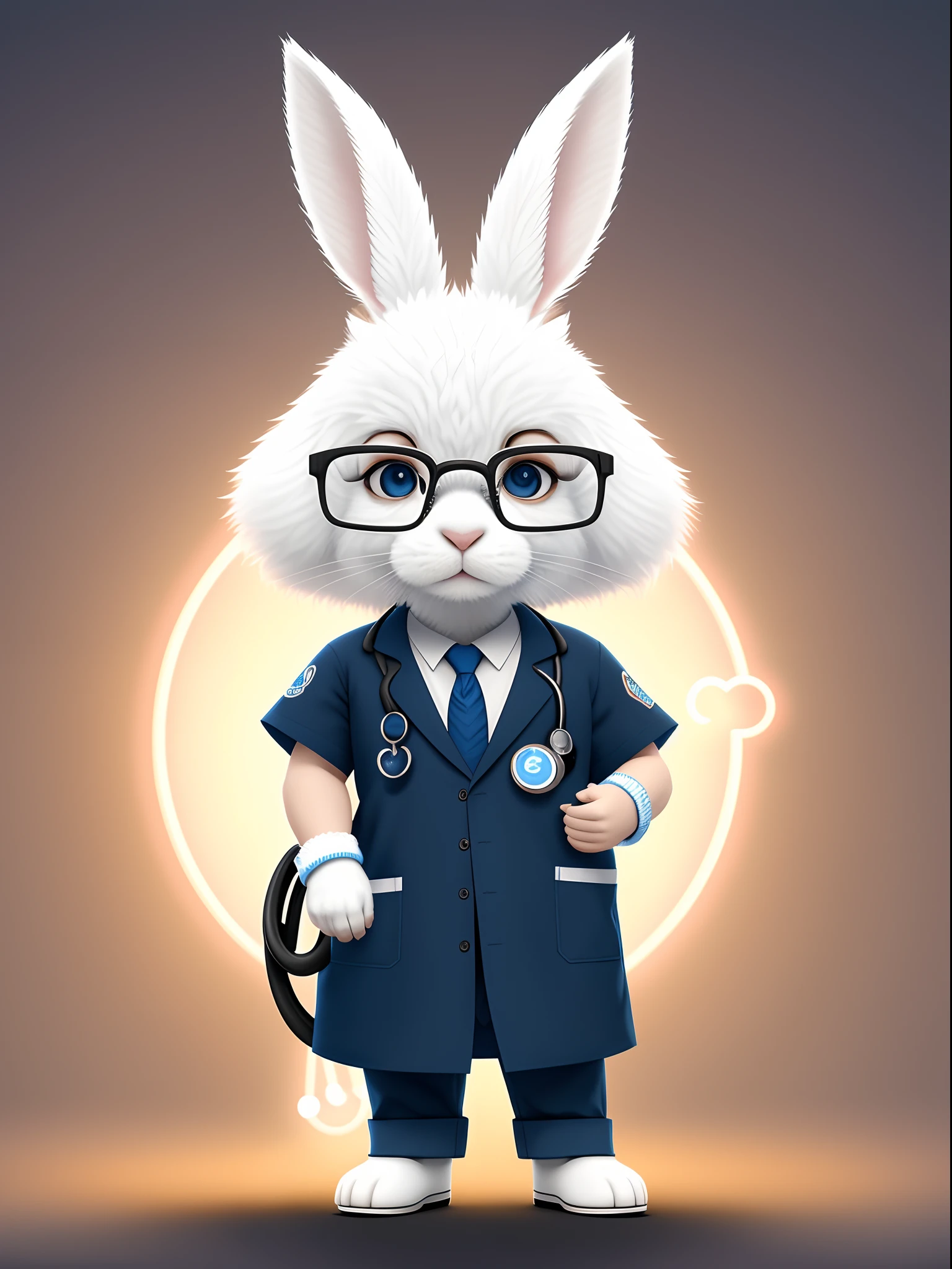 small rabbit with white fur and black eyes, wearing doctor blue scrubs, carrying a stethoscope, and putting on glasses, cartoon arts, dramatc anthropomorphic lighting 8k Very detailed