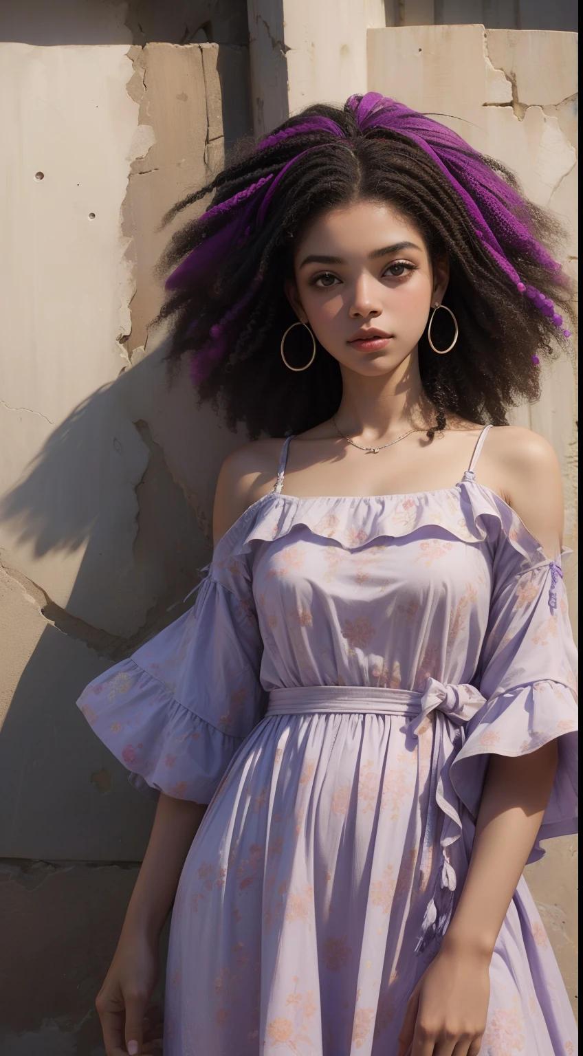 Fotografia de uma Garota de 18 anos afro-americana, cores de roupa violeta, fundo branco, 8k ultra realista
