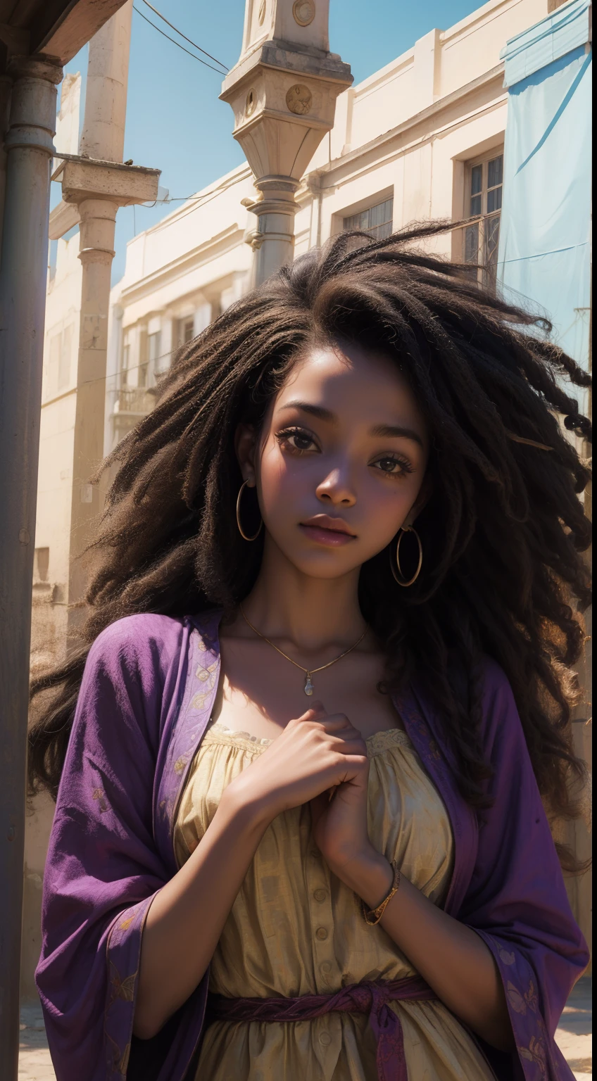 Fotografia de uma Garota de 18 anos afro-americana, cores de roupa violeta, fundo branco, 8k ultra realista