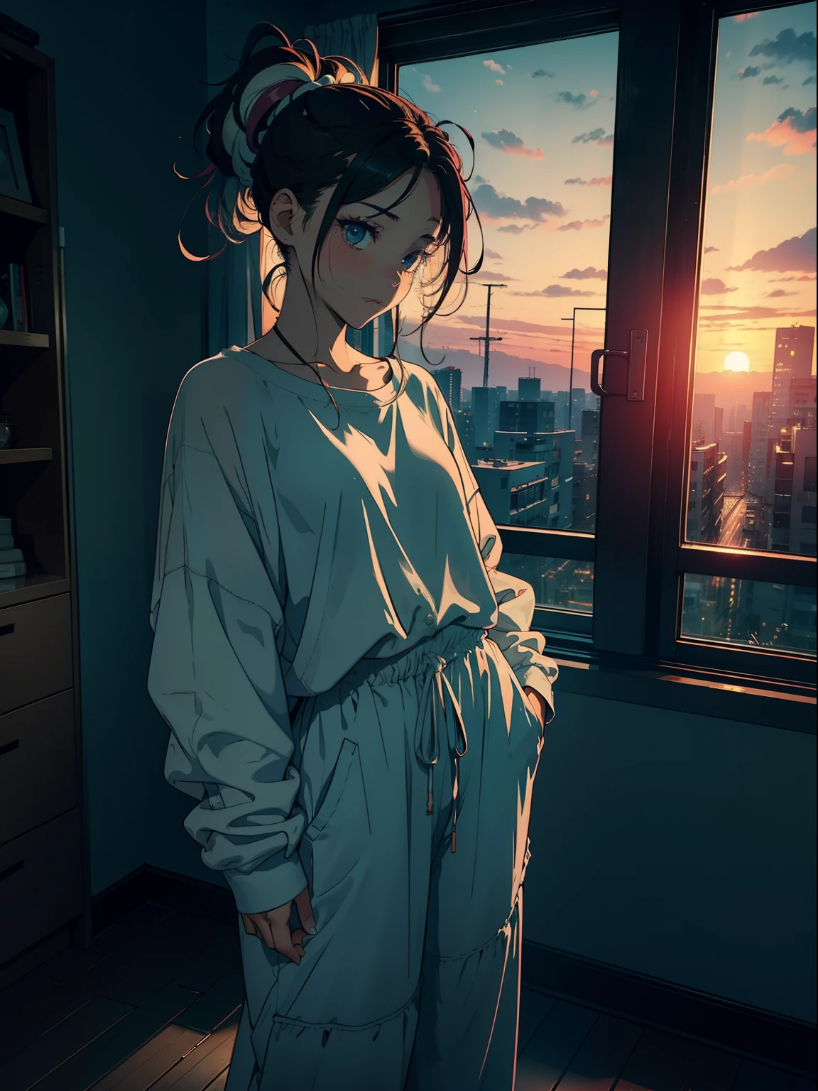 Masterpiece, high Quality, girl, hair tied up, hair with colorful highlights, exposed skin in a sexy way, big clothes, baggy clothes, comfortable clothes, indoors, night, sunset, dark room, distractedly fiddling with something,