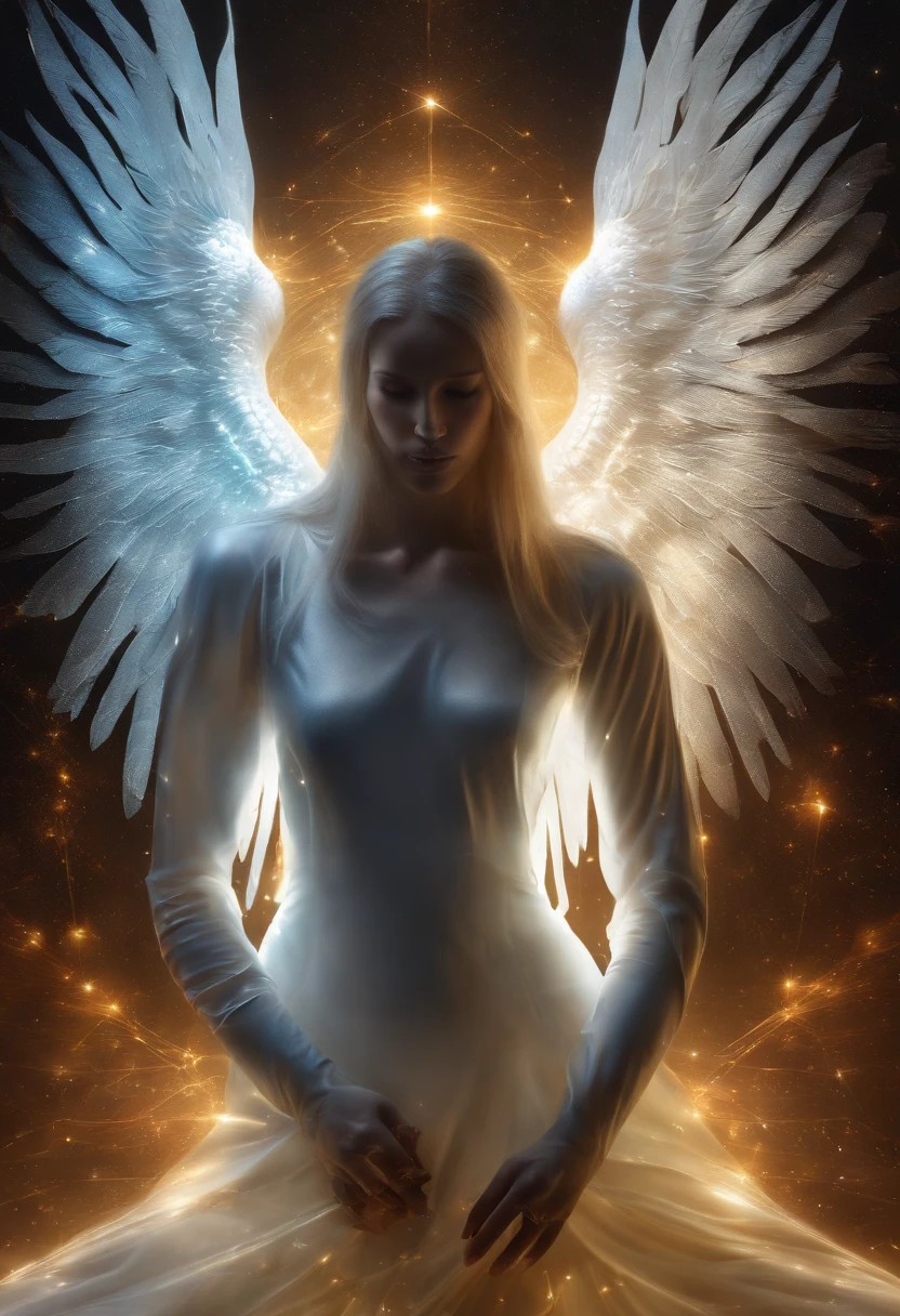 cosmic fallen angel, olhos claros brilhantes, Biomechanicals, estranho, assustador, Pesadelo, cores muito brilhantes, light particles, com luz brilhante, Mshiff, Arte do papel de parede, Papel de parede UHD