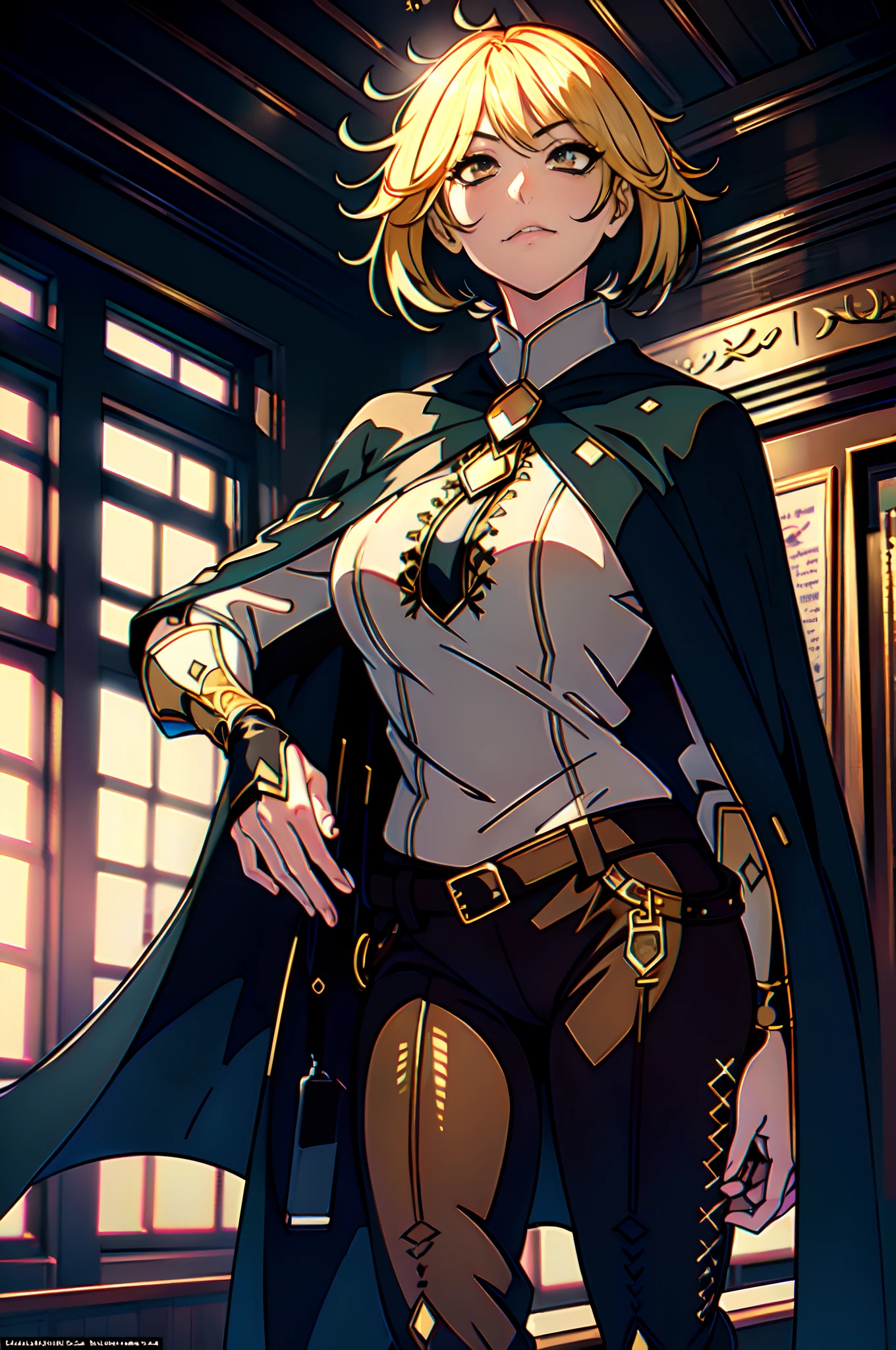 1_girl, ((Best quality)), ((masterpiece)), ((highly intricate details)), ((anime)), (anime:1.2), (perfect face:1.3), colorful, highest detailed, vibrant colors, high contrast, (8K UHD:1.2), (photorealistic:1.2),(masterpiece:1.4), (best quality:1.4),extremely detailed wallpaper, highly detailed illustrations, (super-complex details), 4K unified, (super-detailed CG: 1.2), (8K: 1.2), (original), (masterpiece), paled skin, yellow sanpaku eyes, black cloak, medium breasts, erotic, beatifull, very detailed fingers, very detailed hand, perfect_hands, well-detailed fingers, well-detailed hand, perfect, ((empty hands)), bags_under_eyes, blond hair, short hair, white shirt, brown pants, thigh boots, serious face, ((neia))