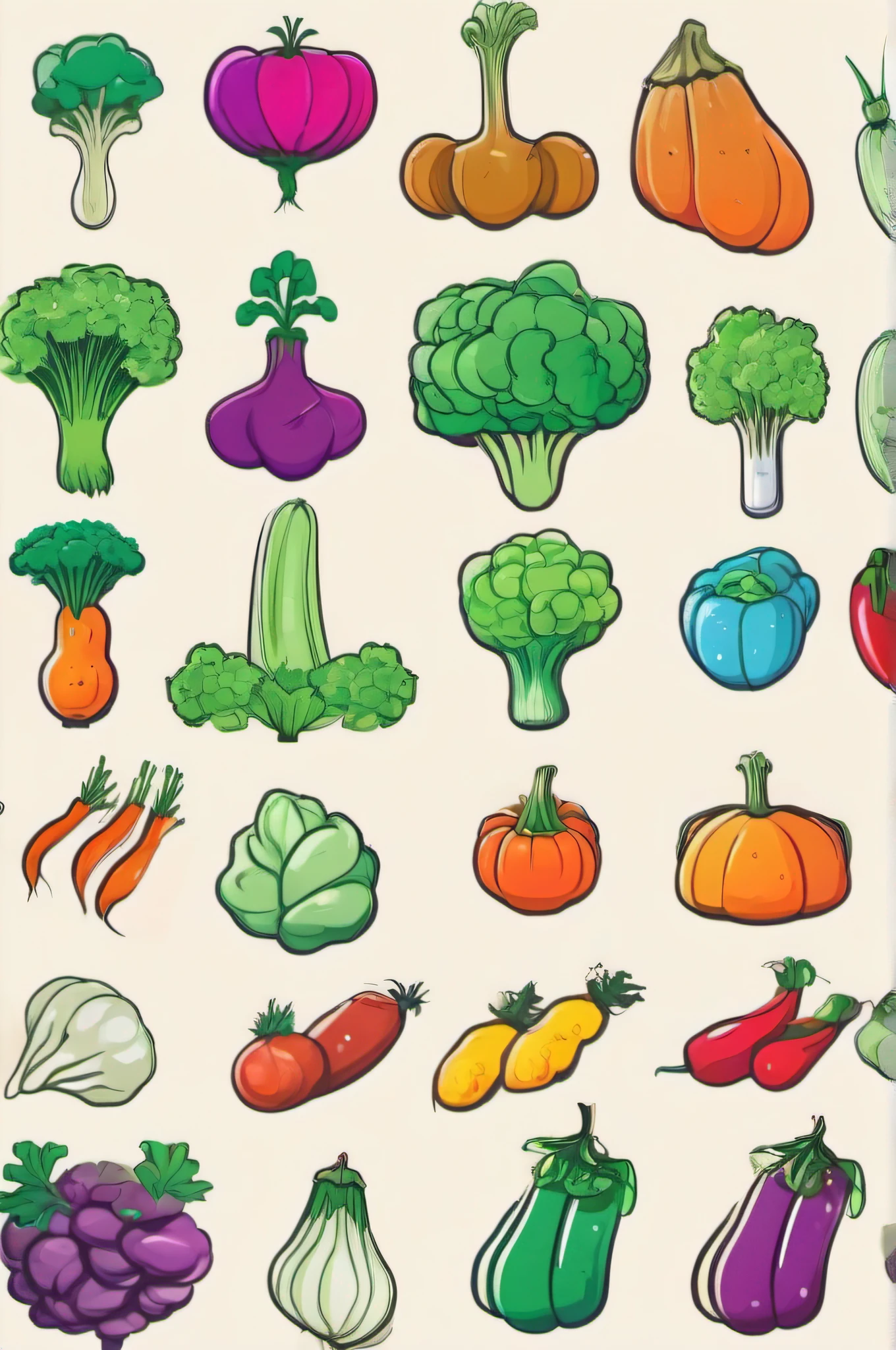Colorful line drawings, a set of cute vegetables on a white background, cartoon style.
