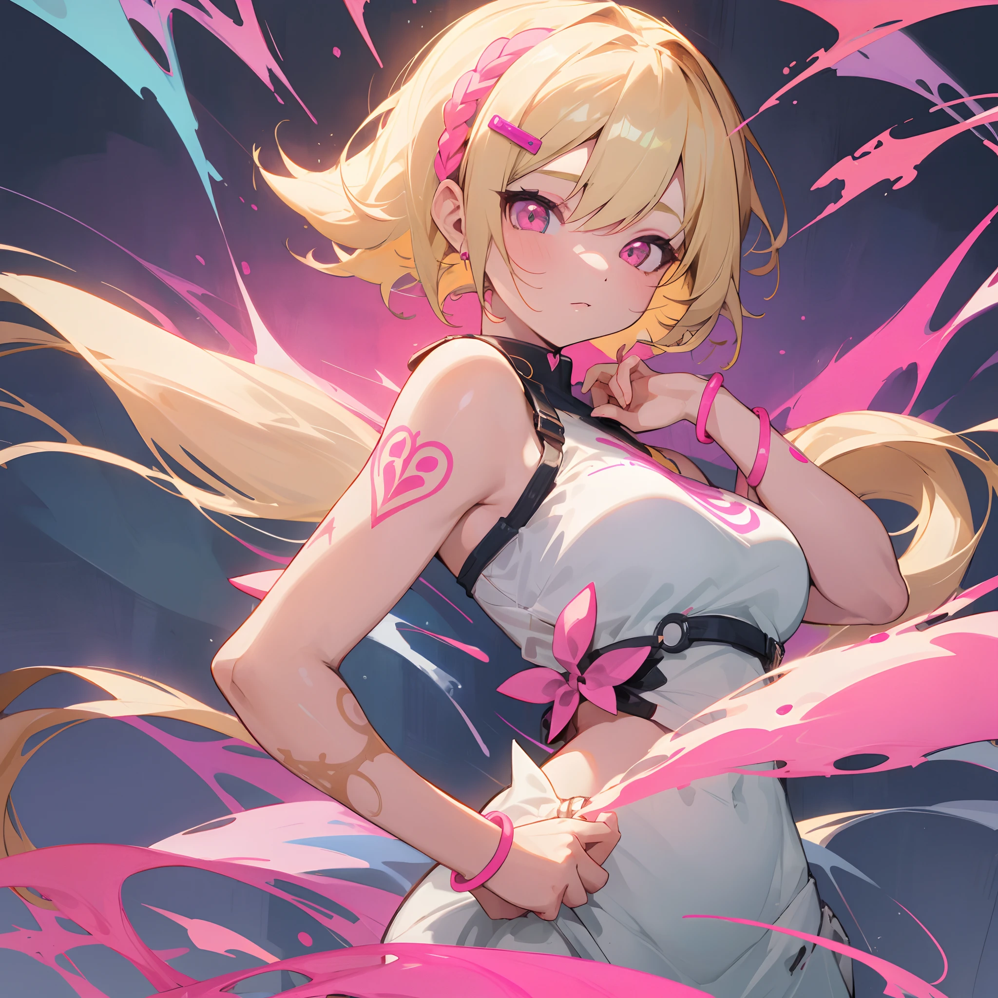 lumine, 1girl, solo, female focus, full body, blonde hair, amber eyes, hair between eyes, medium hair, braid hair, ponytail, pink light, soft light, soaked bra, sweaty bra, white bra, thin skirt, very short skirt, blushing shyly, crying, thicc, slim waist, full breast, sweaty, undress