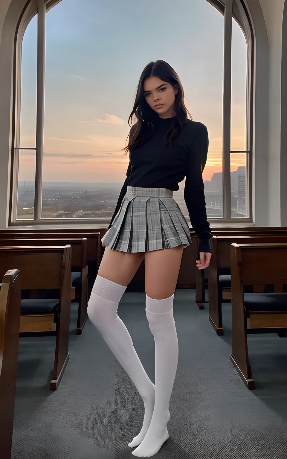 Show entire body, feet in view, aerial view, Kendall Jenner, wearing American school uniform, short skirt, sheer knee high socks , no shoes, church, huge windows, sunset