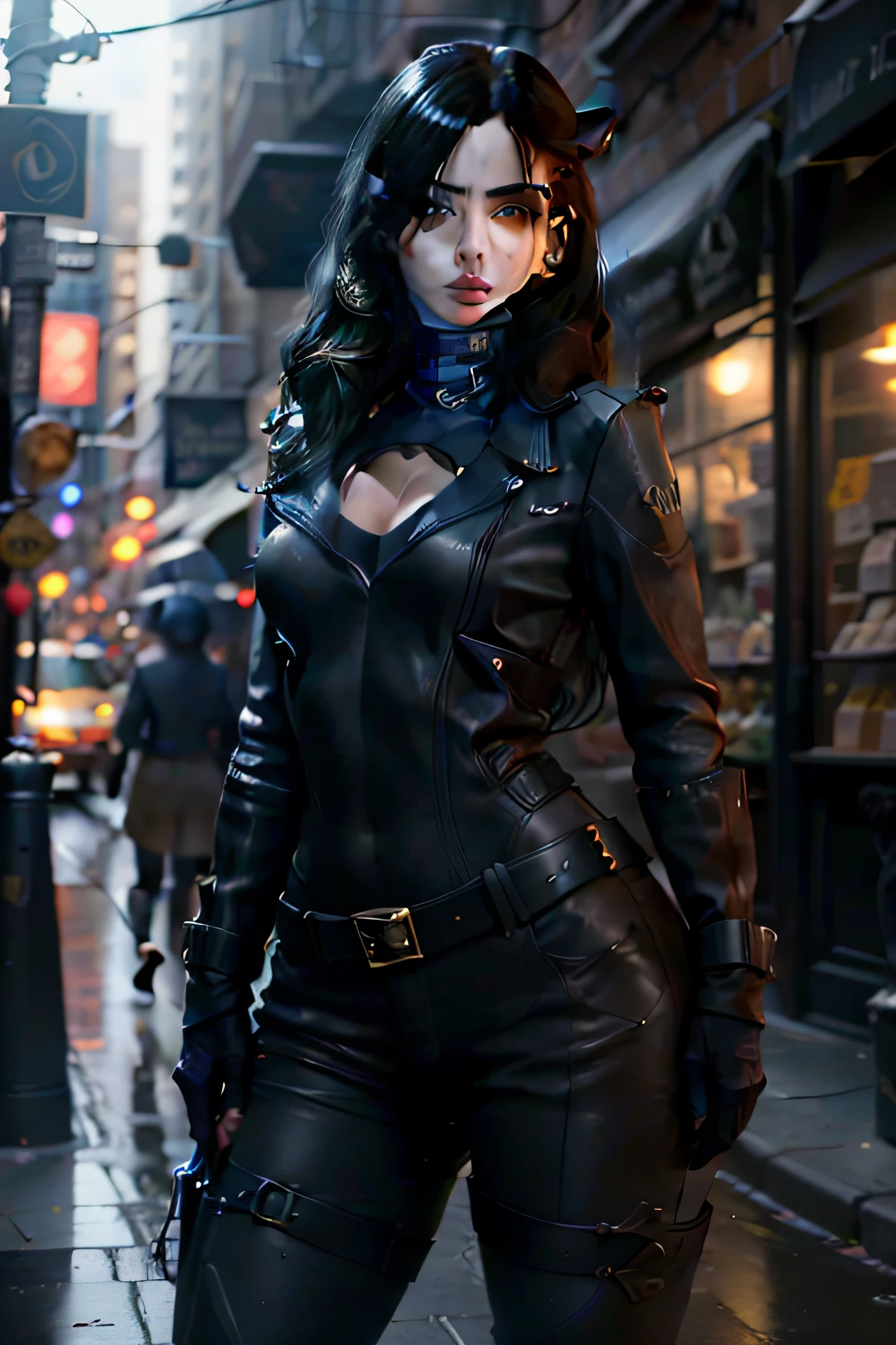 New York, square of time, character Selina Kyle, who appears in comics published by dc comics, the anti-heroine of Batman stories. Her uniform is all black, really based on a "glossy black PVC", has white and long hair, being a beautiful young woman. Her theme in name and appearance refers to the fact that she is a "Cat", that is, a thief, notably of jewelry. (best quality: 1.0), (Ultra Highres: 1.0), highly detailed face and eyes, (photorealistic: 1.2)