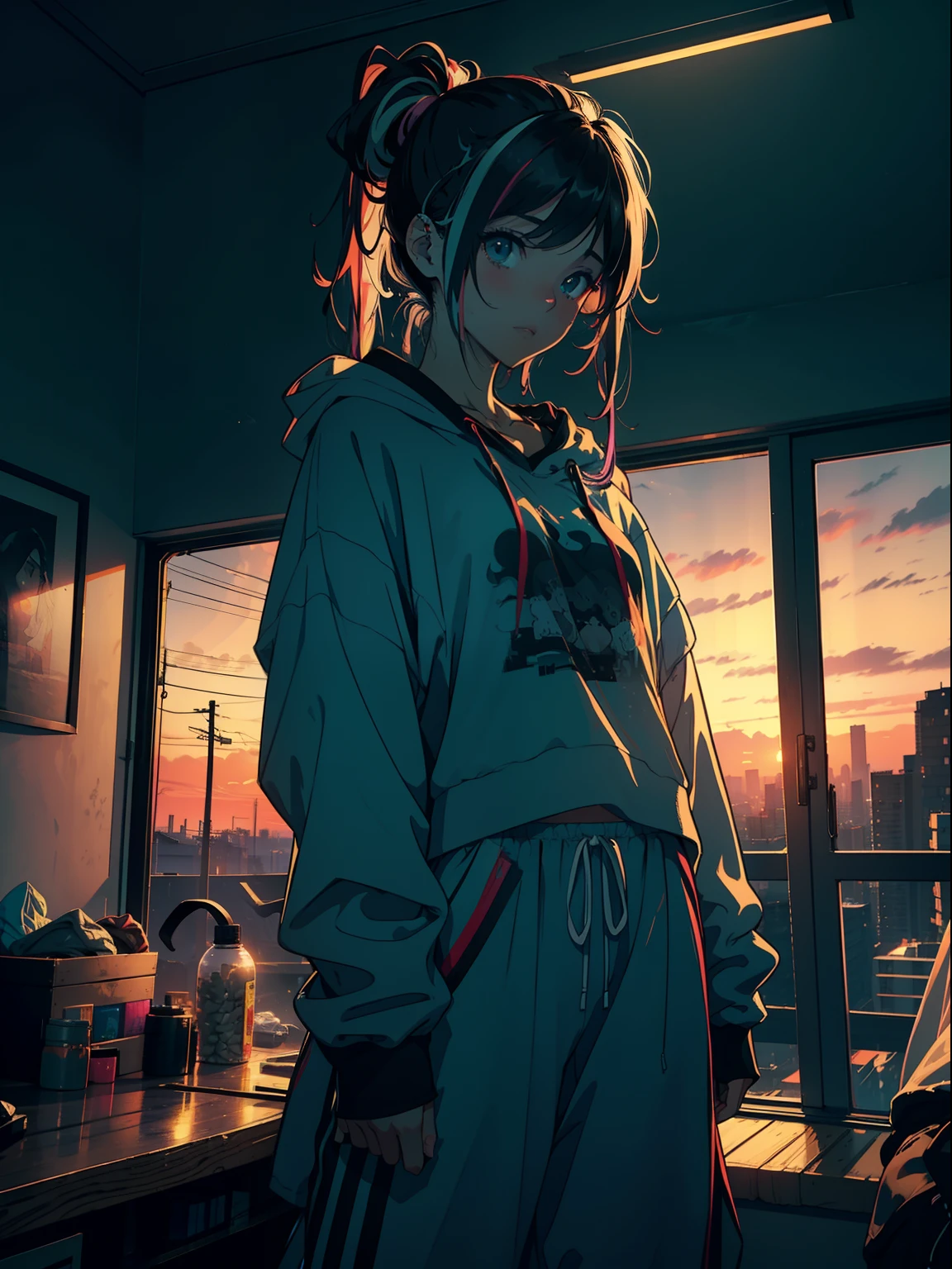 masutepiece, High quality, girl, Bun head, Colorful Highlight Hair, Big clothes, Underwear with a small area, Comfortable clothing, Indoors, Night, Sunset, Dark room, Distracting and messing with something,