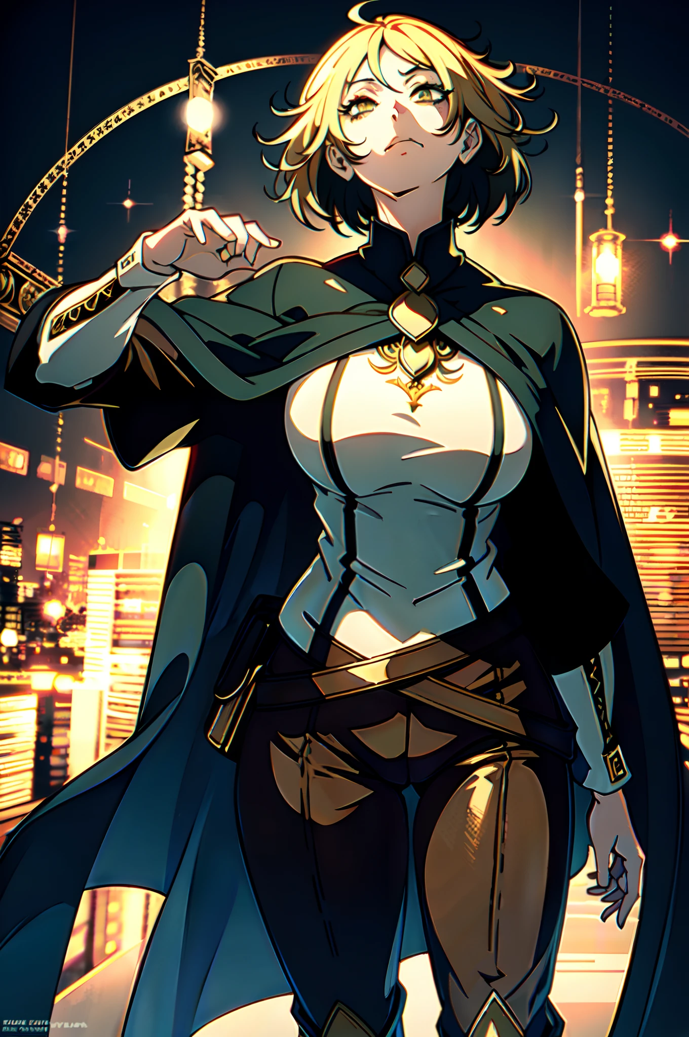 1_girl, ((Best quality)), ((masterpiece)), ((highly intricate details)), ((anime)), (anime:1.2), (perfect face:1.3), colorful, highest detailed, vibrant colors, high contrast, (8K UHD:1.2), (photorealistic:1.2),(masterpiece:1.4), (best quality:1.4),extremely detailed wallpaper, highly detailed illustrations, (super-complex details), 4K unified, (super-detailed CG: 1.2), (8K: 1.2), (original), (masterpiece), paled skin, yellow sanpaku eyes, black cloak, medium breasts, erotic, beatifull, very detailed fingers, very detailed hand, perfect_hands, well-detailed fingers, well-detailed hand, perfect, ((empty hands)), bags_under_eyes, blond hair, short hair, white shirt, brown pants, thigh boots, serious face, ((neia))