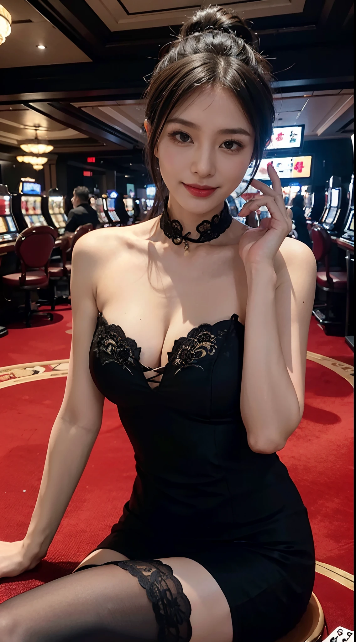 8K,masterpiece,best quality,In the casino,,sitting upright on the chair behind the Gambling table,The gambling table is in front of the girl,Playing cards are placed on the gambling table,Dark Light,crowded crowd,foul atmosphere,A girl,Extremely detailed facial details,shoulder length black straight short hair,hair Tied up, smile,happy,Black embroidered cheongsam,big breasts,slim, thin,Black stockings, high heels,close shot,cowboy shot,Directly facing the camera,Holding a playing card in hand,from front,upper body
