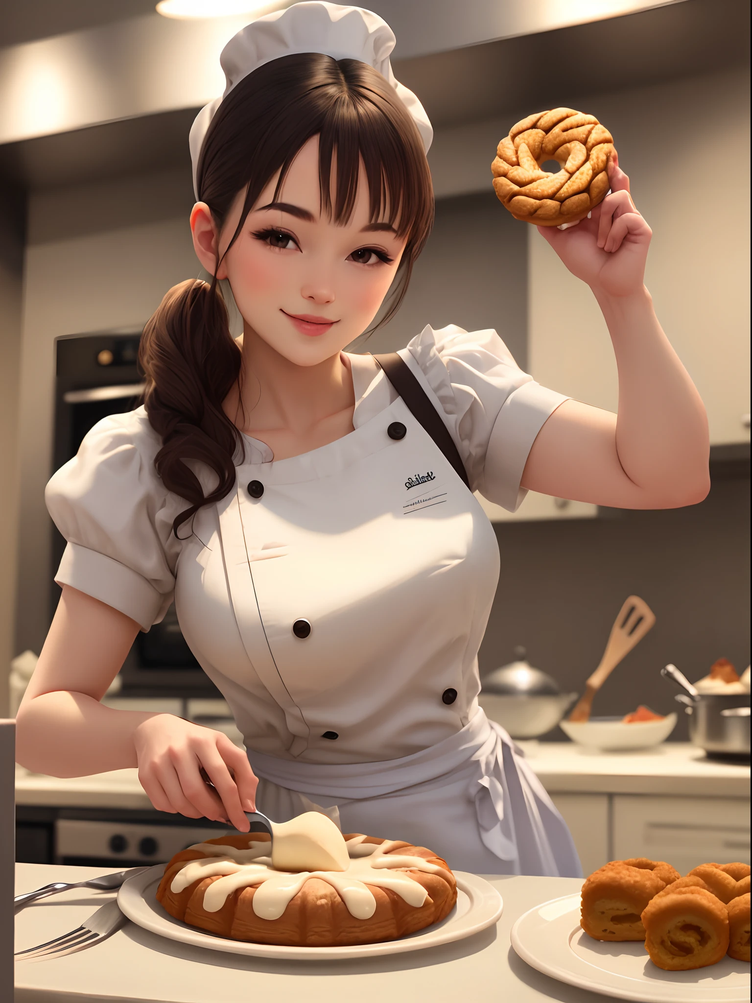 absurd res, A high resolution, (巨作:1.4), A highly detailed, 1girll, From above, Dim sum shop,Make cakes, Snack costume chef, Sharp focus, (Cinematic lighting), (1girll), Slight smile,