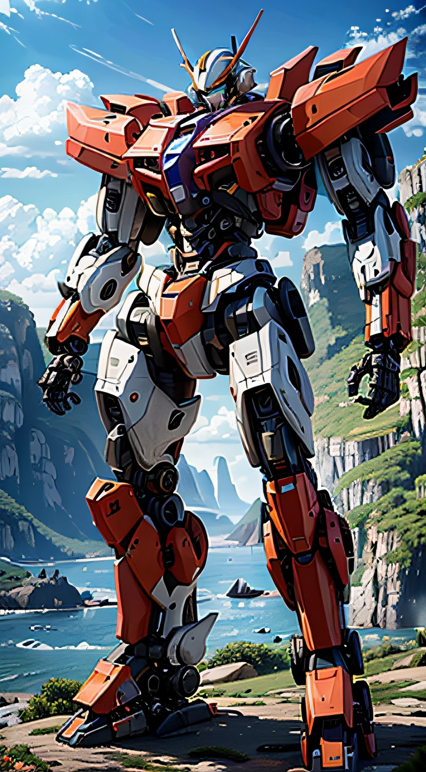 8K resolution, Qualidade de imagem superior, cinematic texture, estilo realista, Ultra-high definition SLR camera capture, Roboto, Pequenos navios de guerra no mar, horizonte do mar ao fundo, large mecha robot, Alexandre Ferra mecha, mecha arte, mecha aesthetic, anime Fighter Mecha, estilo mecha legal, mecha humanoide, cores escuras, garoto, boy, dando joinha, olhos verdes, cabelo roxo e laranja.