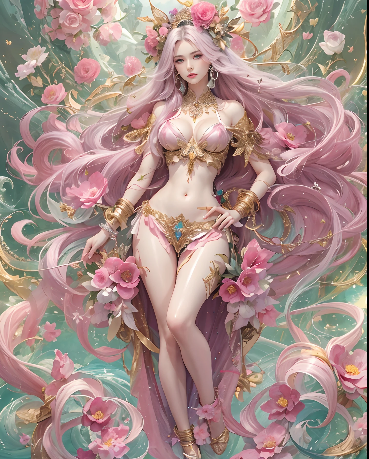 (masutepiece, of the highest quality, Best Quality, Official art, Beautiful and aesthetic:1.2), (1 Fantasy Girl), Extremely detailed, Glamorous Jewelry, long shapeless hair, (Fractal Art:1.3),Colorful,Highest detail.Express in the form of a heart、Ornaments in the form of hearts、Use a lot of heart shapes、Use a lot of heart shapes in the background、Use a lot of pink、Use a lot of flowers、Angle from above the knee、Breasts are small and B size、A slender、Cleavage is visible。Paws are thin and beautiful,the skin is white and transparent,high-heels、Gold Anklet、