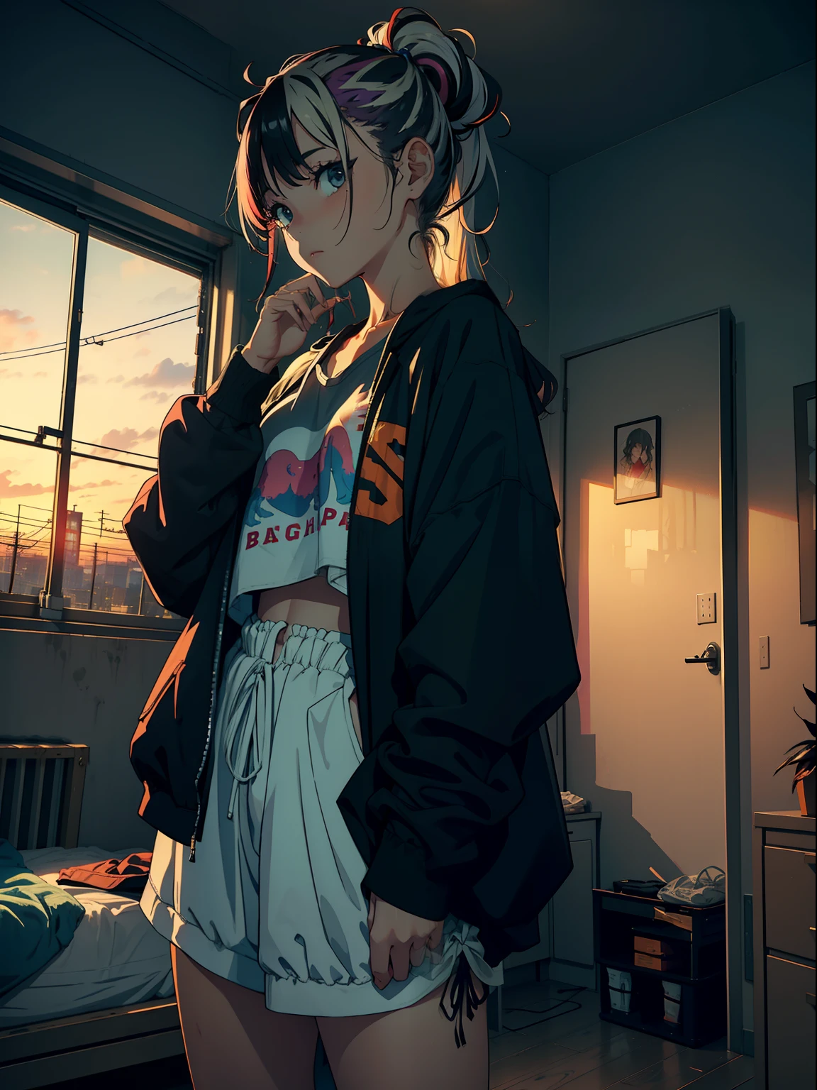 Masterpiece, high Quality, girl, hair tied up, hair with colorful highlights, exposed skin in a sexy way, big clothes, baggy clothes, comfortable clothes, indoors, night, sunset, dark room, distractedly fiddling with something,