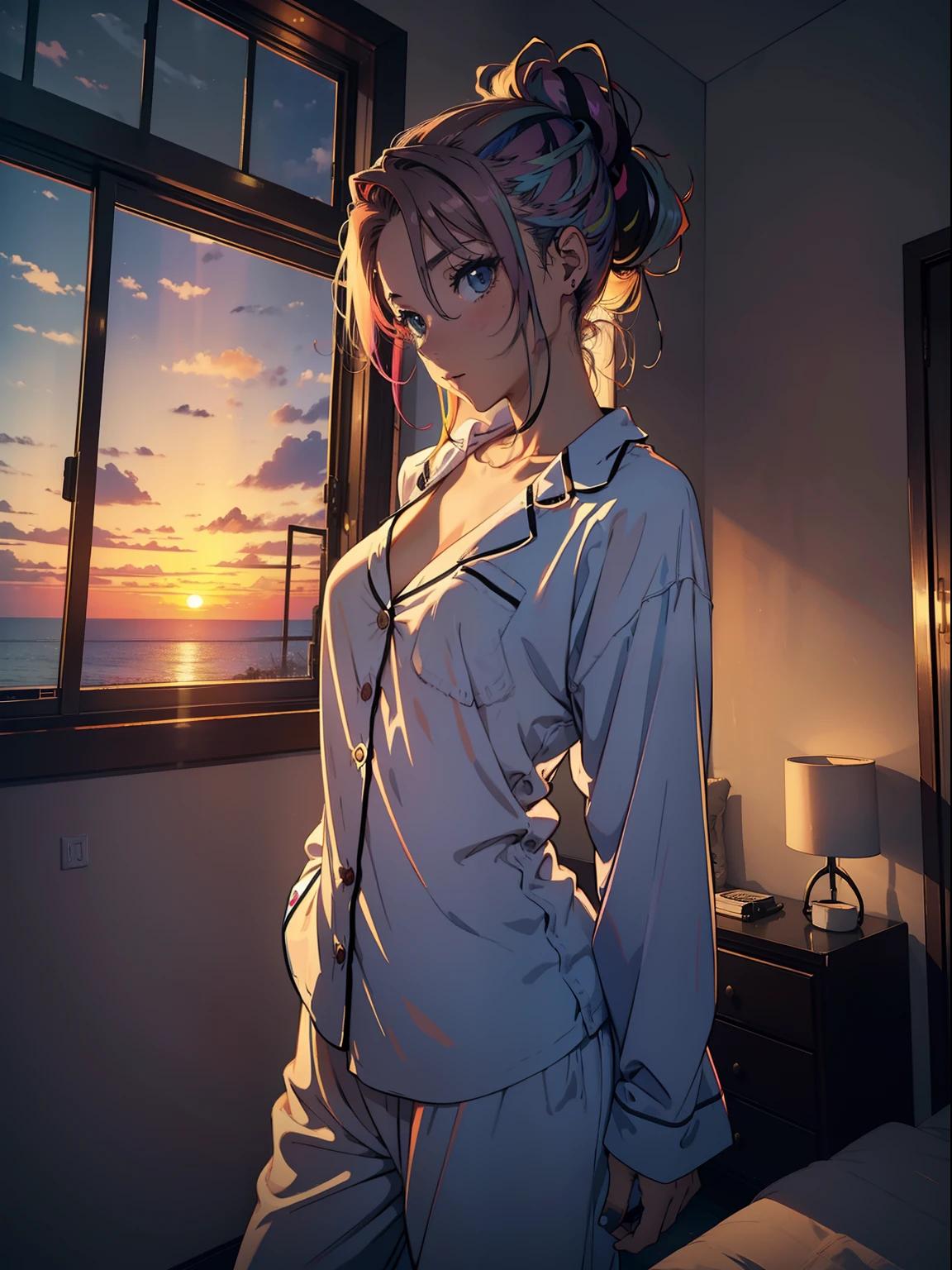Masterpiece, high Quality, girl, hair tied up, hair with colorful highlights, exposed skin in a sexy way, big pajamas, baggy pajamas, comfortable pajamas, indoors, night, sunset, dark room, distractedly fiddling with something,