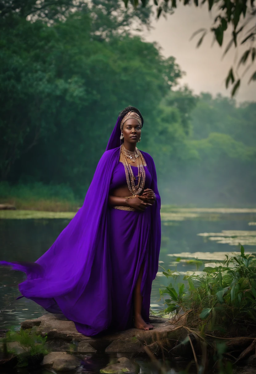 Nana, deusa africana, senhora de poder, idosa, in purple and dark lilac robes, conselheira, wise and ancient. Corpo inteiro, standing on her feet. In the background a swamp in the middle of nature. estilo mito. mistic. poder e magia.