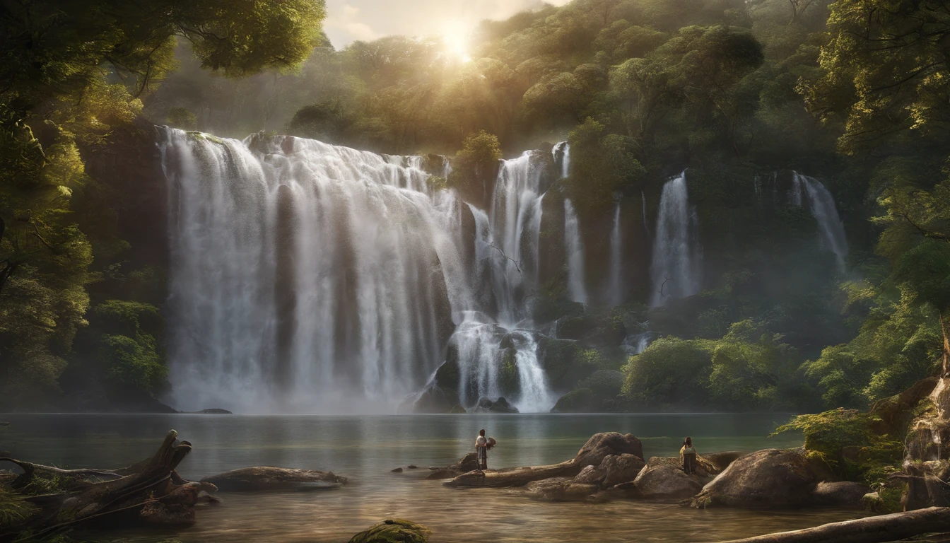 uma floresta com cachoeira ao fundo e o nascer do sol acima da imagem