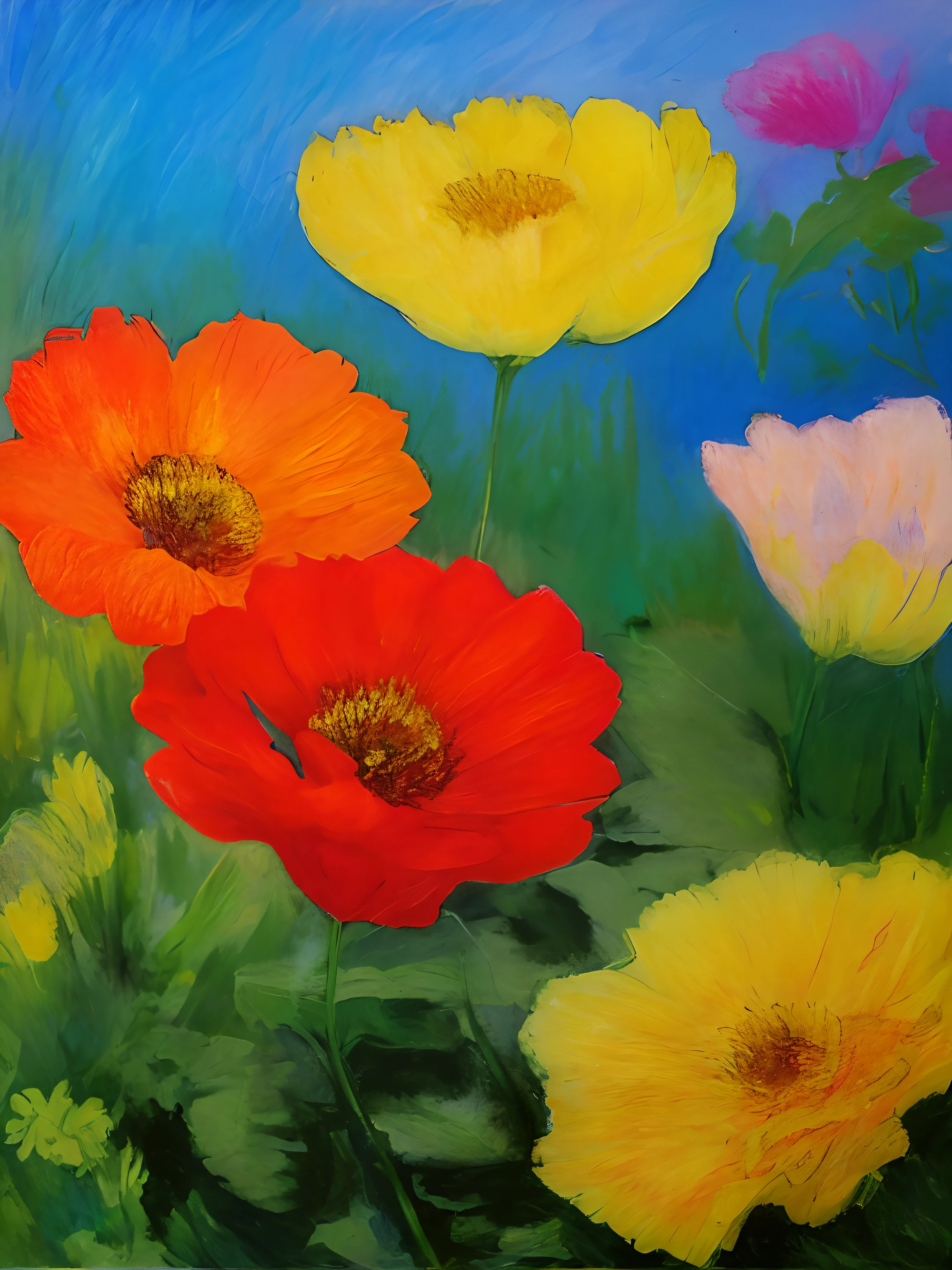 uma pintura de flores coloridas em um fundo azul, magical colorful flowers, vibrant oil painting, bright colors oil on canvas, cores vibrantes e ricas, colorful oil painting, realistic flowers oil painting, flores coloridas, ricas cores ensolaradas brilhantes, flores de cores vivas, brilhante e colorido, bonito e colorido, vibrante e colorido, pintado em aquarelas brilhantes, ricas cores brilhantes
