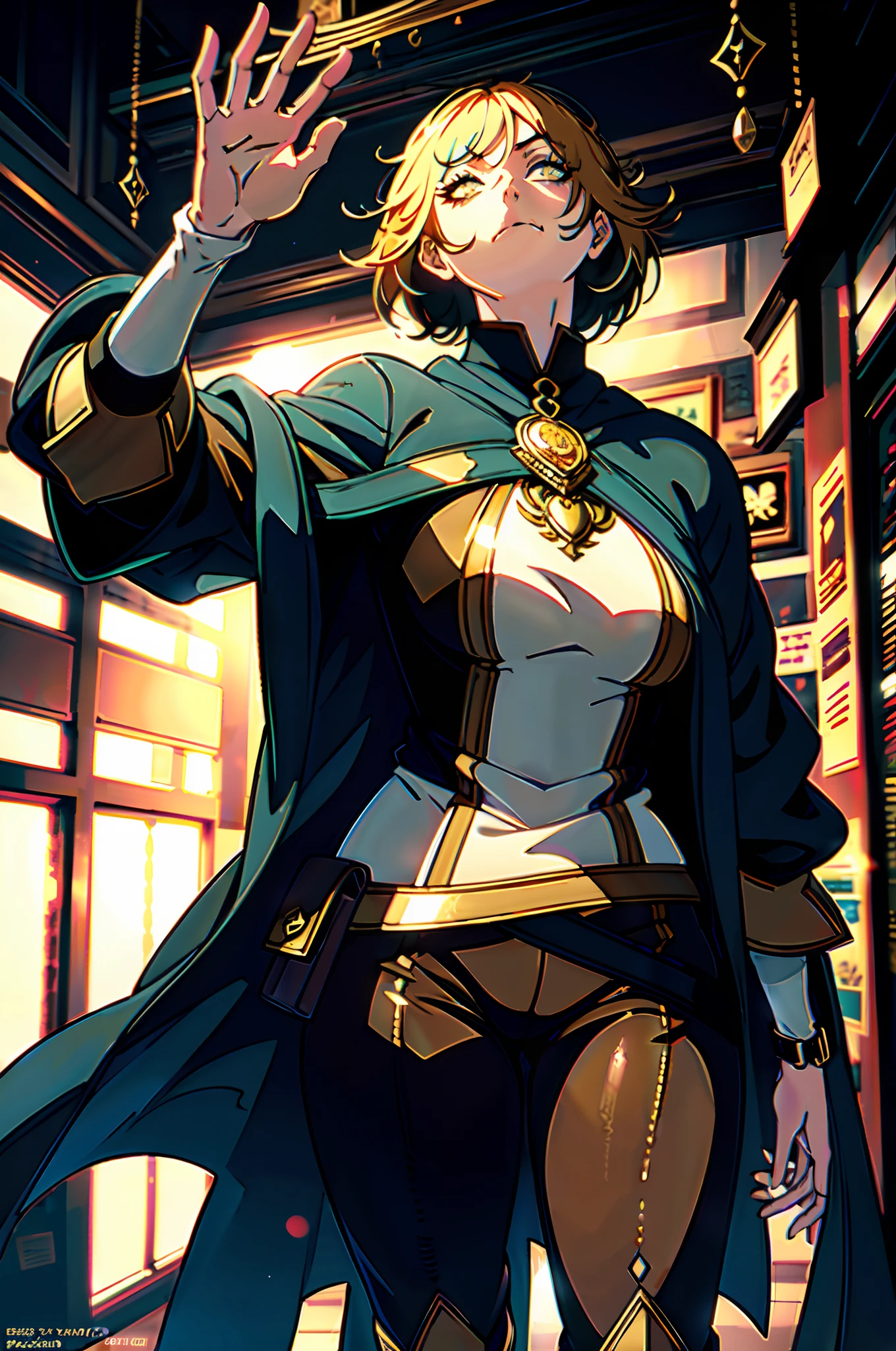 1_girl, ((Best quality)), ((masterpiece)), ((highly intricate details)), ((anime)), (anime:1.2), (perfect face:1.3), colorful, highest detailed, vibrant colors, high contrast, (8K UHD:1.2), (photorealistic:1.2),(masterpiece:1.4), (best quality:1.4),extremely detailed wallpaper, highly detailed illustrations, (super-complex details), 4K unified, (super-detailed CG: 1.2), (8K: 1.2), (original), (masterpiece), paled skin, yellow sanpaku eyes, black cloak, medium breasts, erotic, beatifull, very detailed fingers, very detailed hand, perfect_hands, well-detailed fingers, well-detailed hand, perfect, ((empty hands)), bags_under_eyes, blond hair, short hair, white shirt, brown pants, thigh boots, serious face, ((neia))