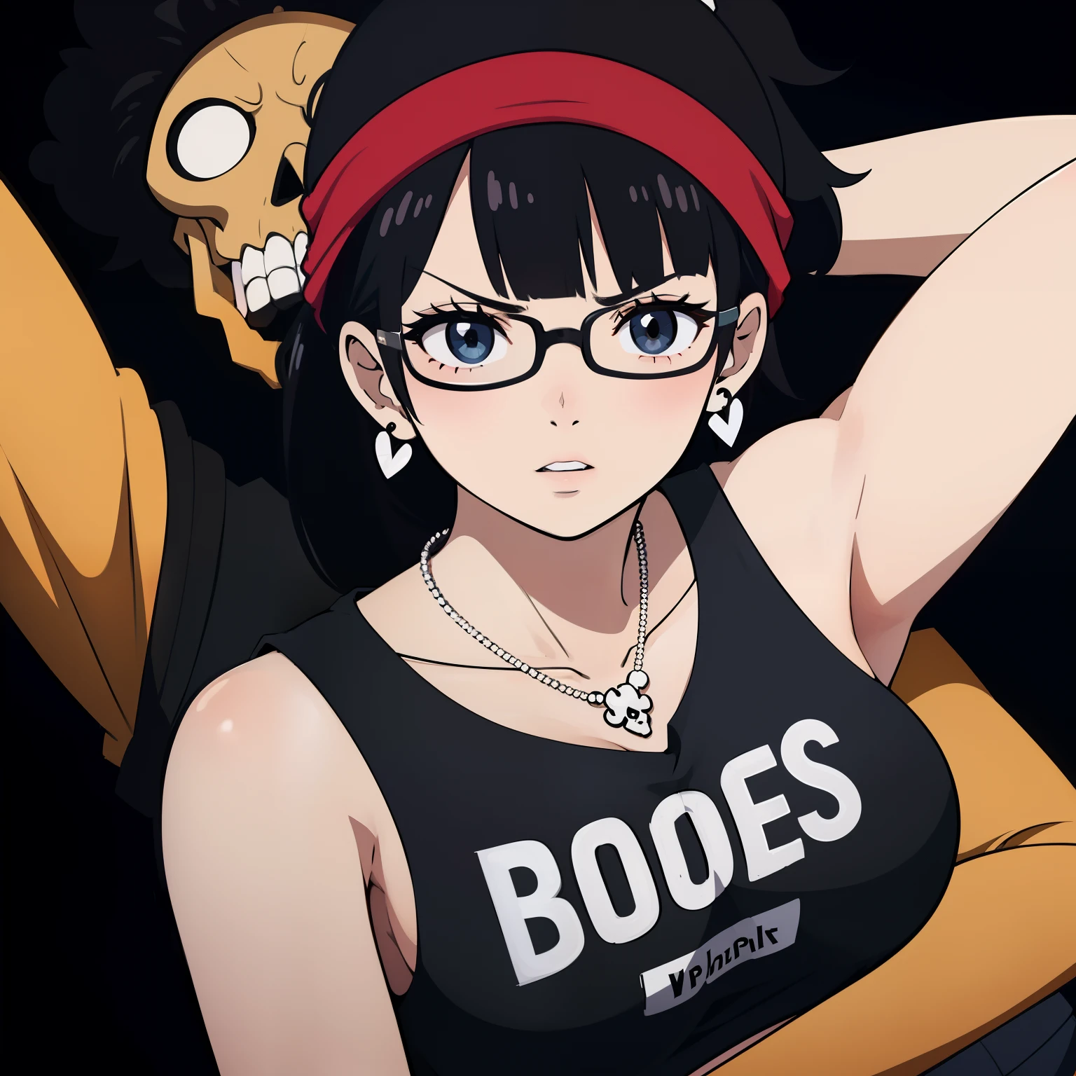teenage, anime girl, glasses, black hair, black tank top, bangs, shorts, short hair, skull earrings, black skull beanie, open clothes, ponytail, medium layer hair, large breasts, high quality, armpits, looking at viewer, black background, heart necklace, long shot, tempting