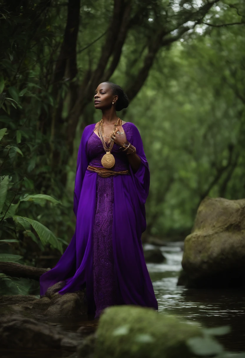 Nana, deusa africana, senhora de poder, idosa, in purple and dark lilac robes, conselheira, wise and ancient. Corpo inteiro, standing on her feet. In the background a swamp in the middle of nature. estilo mito. mistic. poder e magia. Uma velha senhora.