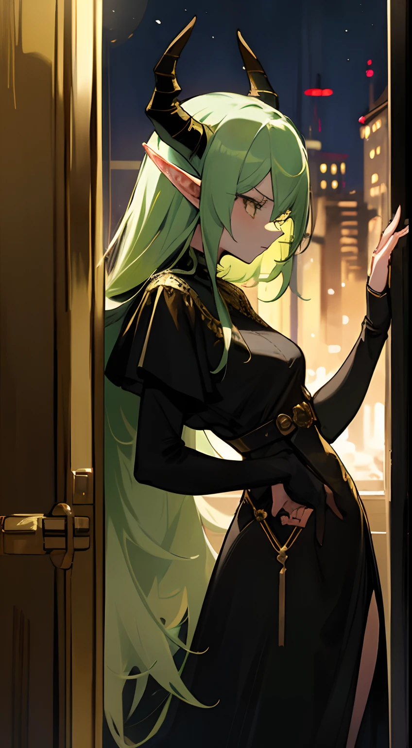 1woman,solo,serious face,magician golden and black outfit,cleavage, blind mask,light green hair, long hair,mature female,elves ears,demon horns,standing in the window,night city