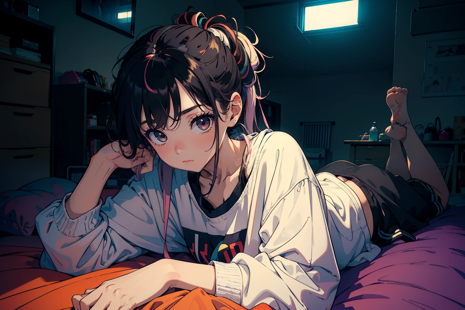 Masterpiece, high Quality, girl, hair tied up, hair with colorful highlights, big clothes, baggy clothes, comfortable clothes, indoors, night, sunset, dark room, distractedly fiddling with something, lying down,